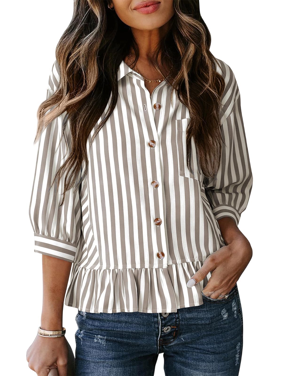 Chemise boutonnée bohème à manches 3/4 pour femme - Ourlet à volants - Style bohème - Style décontracté - Pour le travail et le bureau