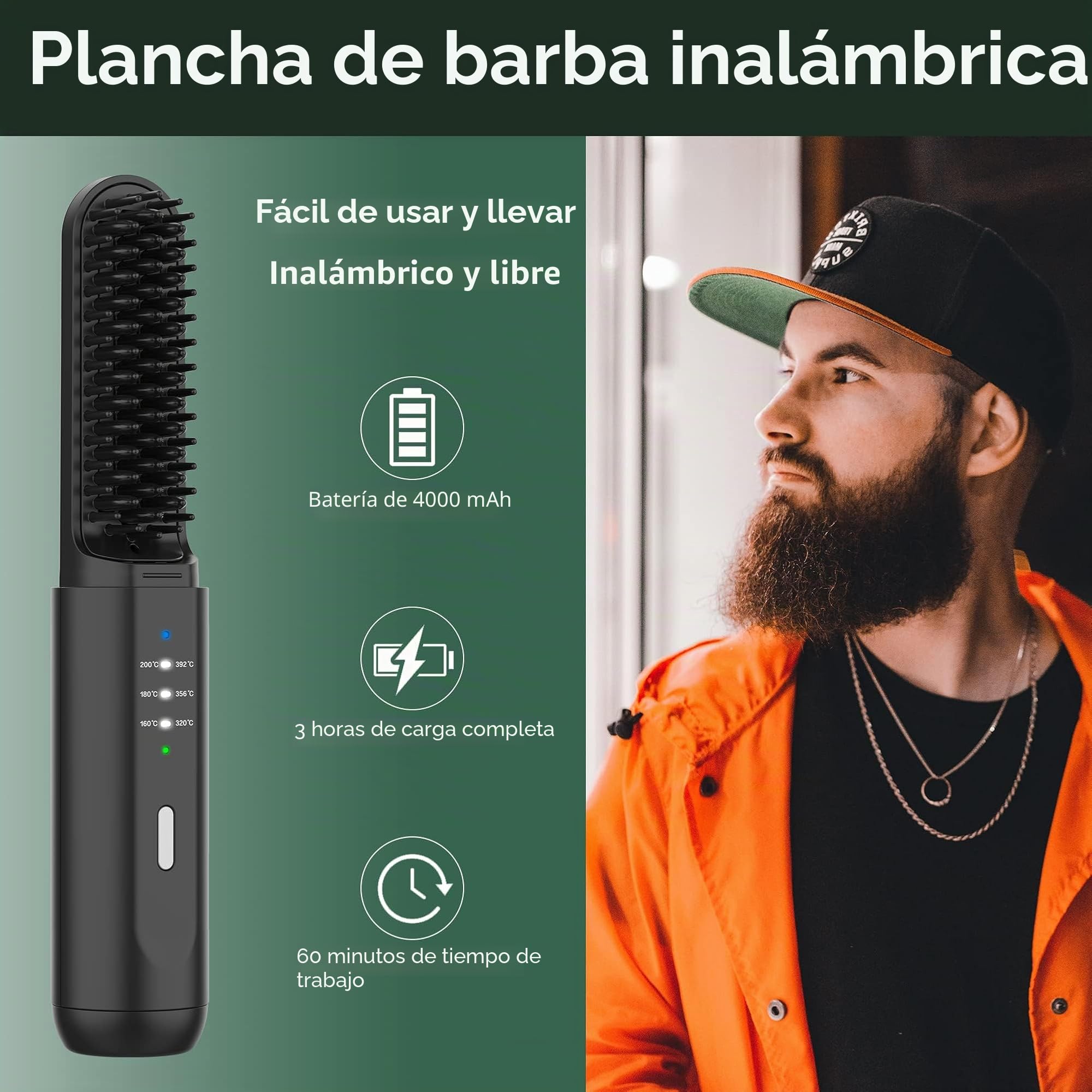 Alisador de barba para hombres, cepillo alisador portátil inalámbrico para cabello y barba con tecnología antiquemaduras e iónica, peine de ajuste de temperatura de 3 para viajes en casa