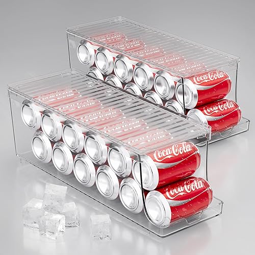 Paquete de 2 organizadores transparentes apilables de latas de soda con tapas, contenedores organizadores de refrigerador, dispensador de latas para