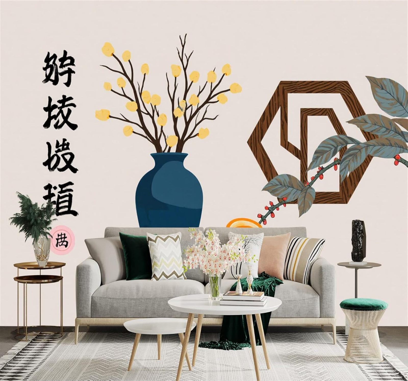 Xlming 150Cm×105Cm(B×H) Minimalist Blue Vase Plum Blossoms Leaves Art 3D Wallpaper Silky Texture Home Study Office Grey Dining Room Sofa Bedroom Living Room Tv Backdrop-150Cm×105Cm