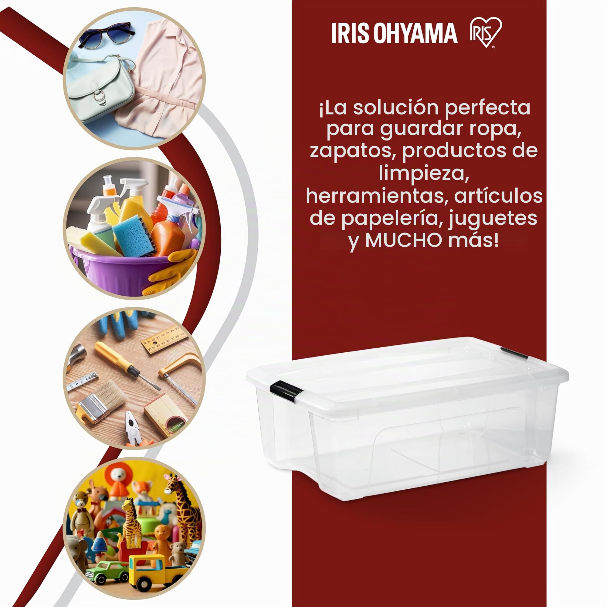 Iris Ohyama 6 Cajas de almacenamiento con tapas, 30L, Transparente, Clips de Cierre, Duradero, Apilable, para Dormitorio, Armario, Oficina, Organizadora, Ropa, Libre de BPA, NTB-30
