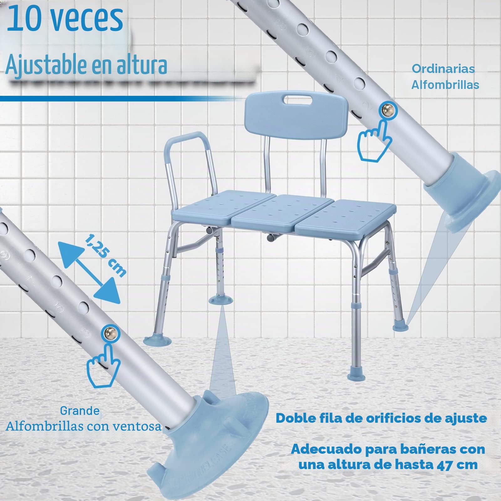 ACXIN Asiento de bañera para personas mayores con asa acolchada, altura regulable, taburete de ducha con respaldo y reposabrazos, antideslizante, hasta 150 kg