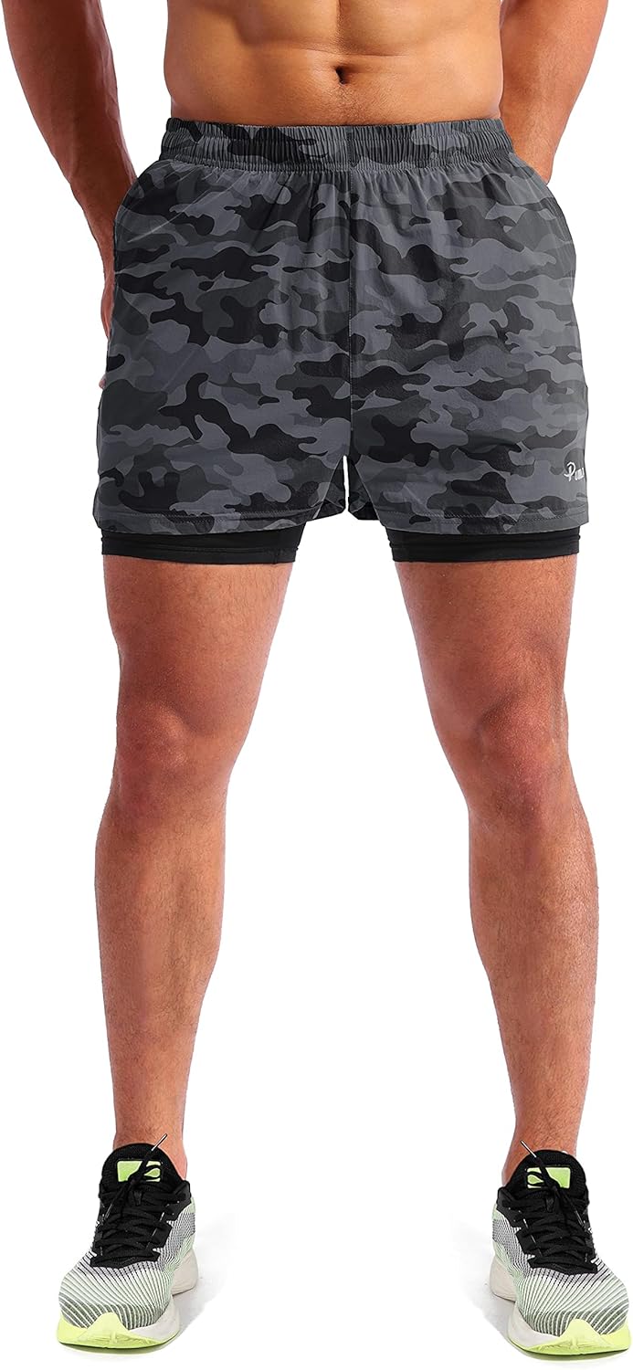 Pudolla Men’s 2 in 1 Running Shorts 5" Quick Dry Gym Athletic Workout Shorts for Men with Phone Pockets - Image 2