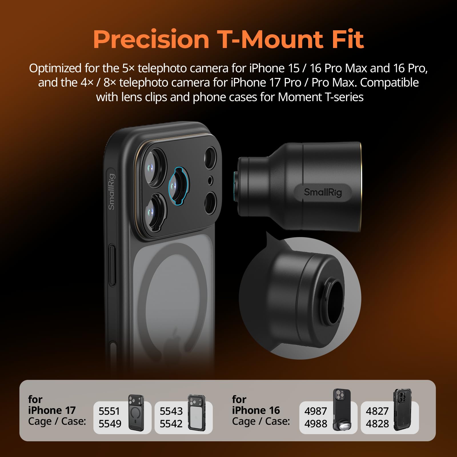 SMALLRIG Teleobiektyw 2 x do iPhone 17/16/15 Pro Max, 2x powiększenie obiektyw HD z uchwytem T-Mount do etui na telefon komórkowy, kompatybilny ze smartfonami 4x/5x/8x telekamera - 5920
