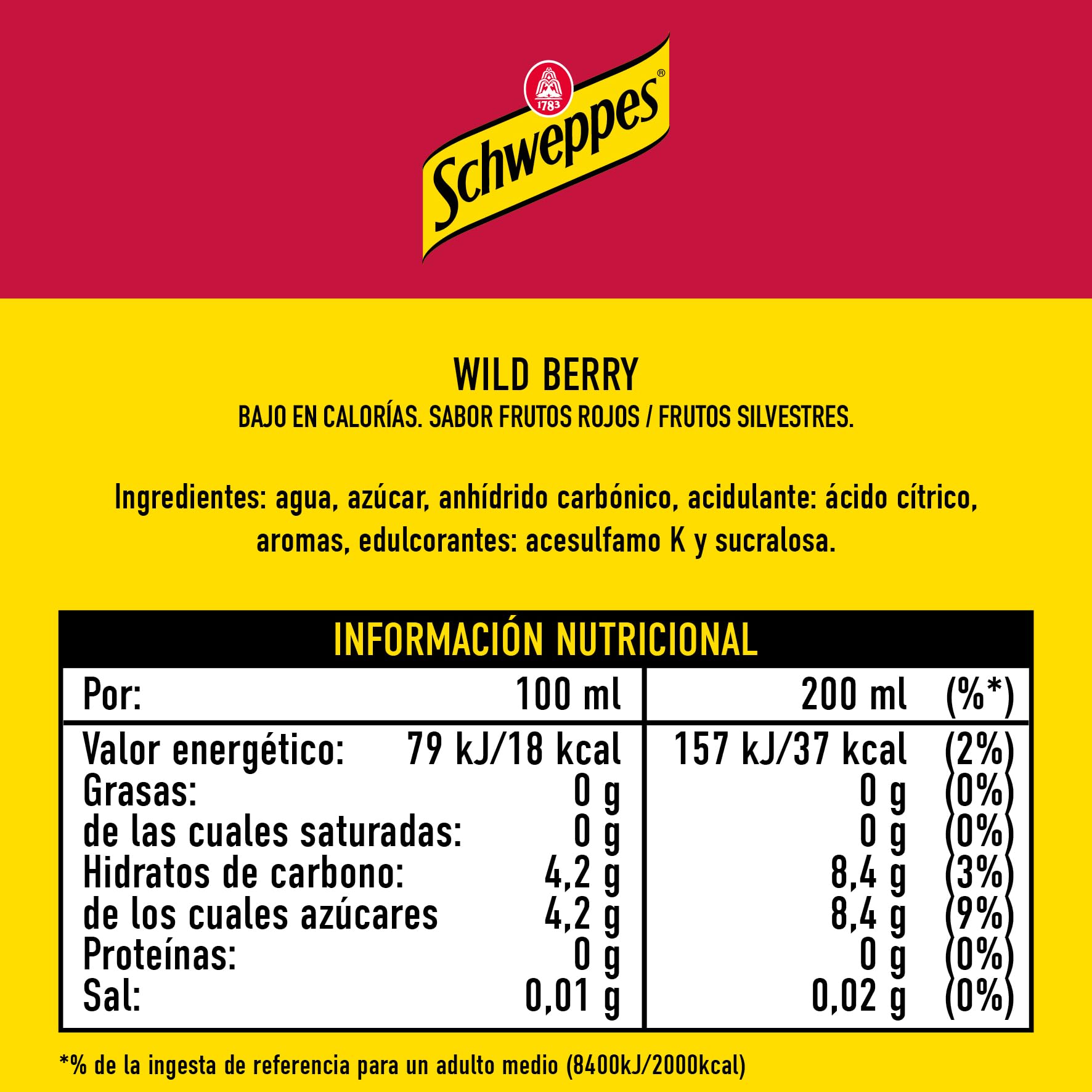 Schweppes Wild Berry Sabor Frutos Rojos/Frutos Silvestres, Bajo en Calorías - Lata, Pack 24 x 25 cl