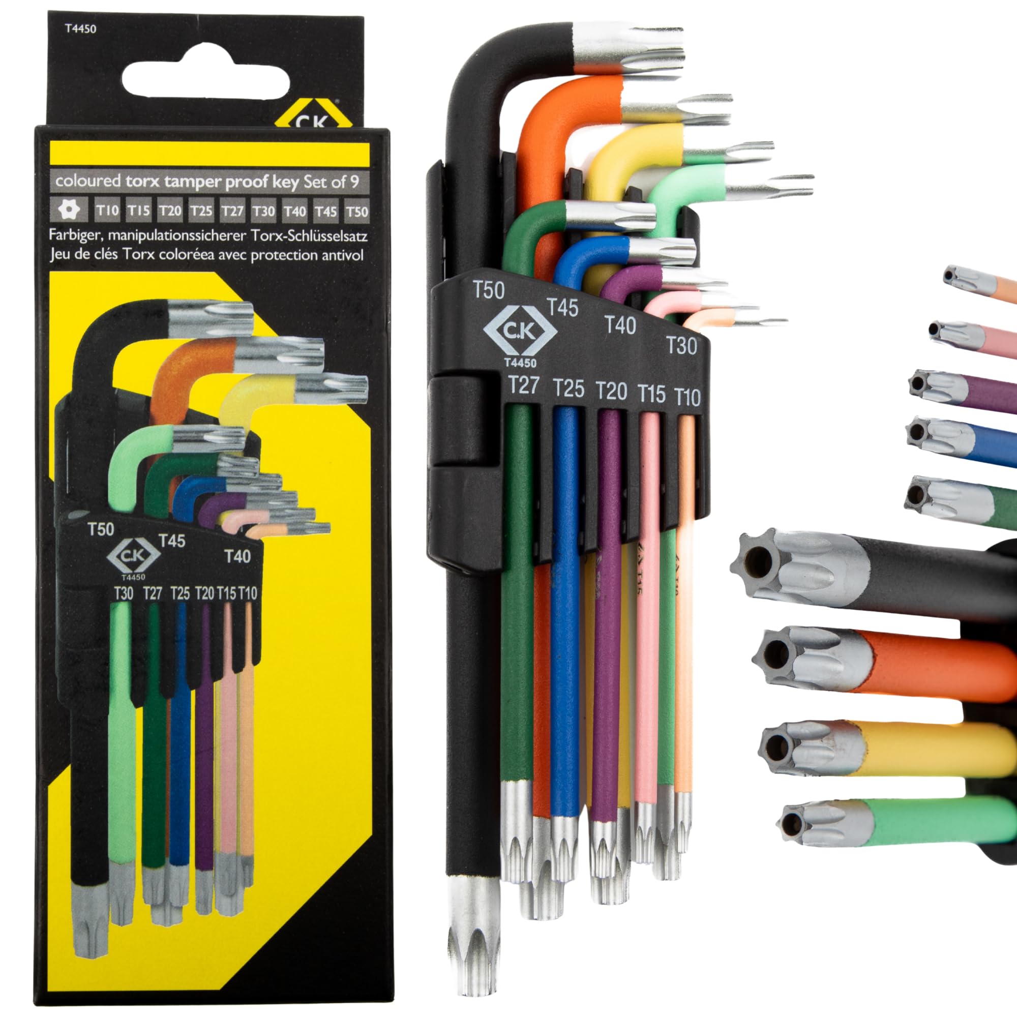 C.K Tools 9 Piece Torx Key Set Tamper Proof T10–T50, Star Hex Allen Wrench Set, Colour Coded Non-Slip Shafts, S2 Steel Hardened Blades, Sandblast Chrome Finish, Folding Holder, Workshop, DIY, CK T4450
