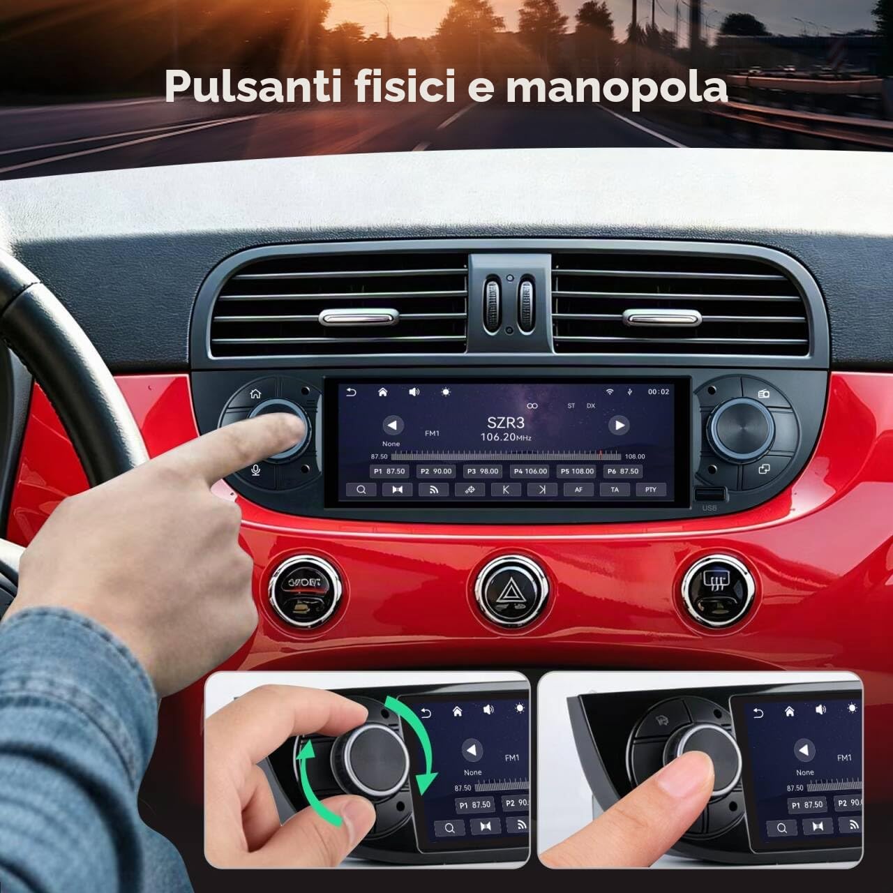 Autoradio Linux per Fiat 500 2007-2015 con CarPlay Wireless e Android Auto, avvio in 2 secondi, comandi fisici tramite manopola, audio di livello OEM, Porta ISO Plug & Play, Nero
