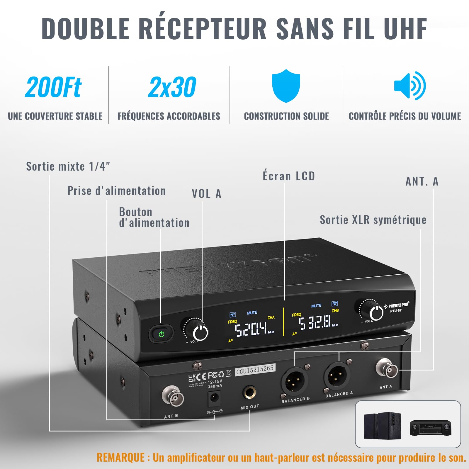 Phenyx Pro Système de Microphones sans Fil, Ensemble de Microphones sans Fil à Main pour Le Chant, Le karaoké, l'église, 2x30 fréquences UHF réglables, portée de 200 Pieds (PTU-52)