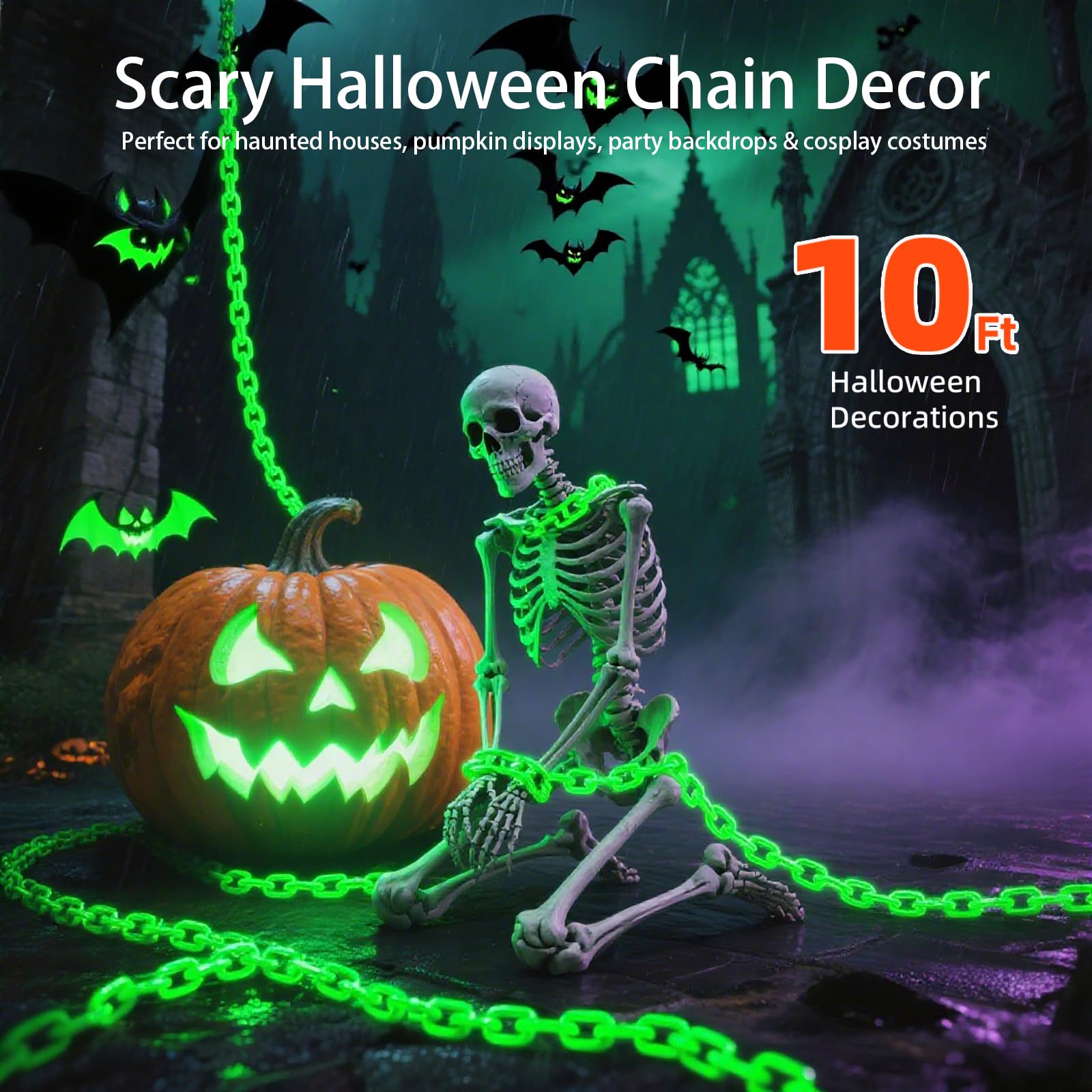 Catene verdi da 3 m a batteria, luci di Halloween, decorazioni di Halloween per esterni e interni, 8 modalità di illuminazione con timer per feste, casa infestata, scheletro, cane, raccapricciante