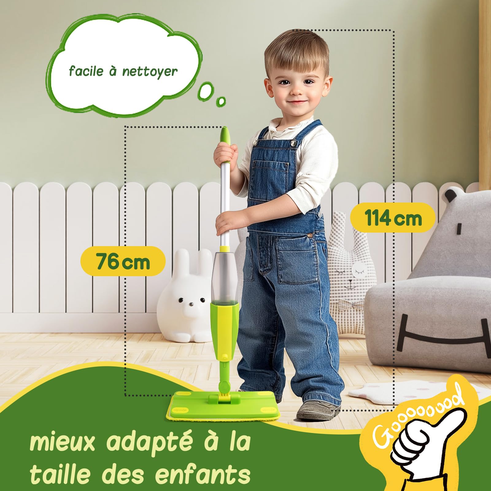Balais Serpillère Jouet avec Vaporisateur Pour Enfants - Nettoyage Montessori avec Fonction de Pulvérisation Réelle et 2 Tampons Lavables I Kit Menage Enfant, Jouets d'imitation pour Enfants dès 3 Ans