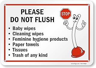 SmartSign 7 x 10 inch “Please Do Not Flush - Wipes, Feminine Hygiene Products, Paper Towels, Tissues, Trash†Bathroom Etiquette Sign with Funny STOP Symbol, 55 mil HDPE Plastic, Red, Black and White