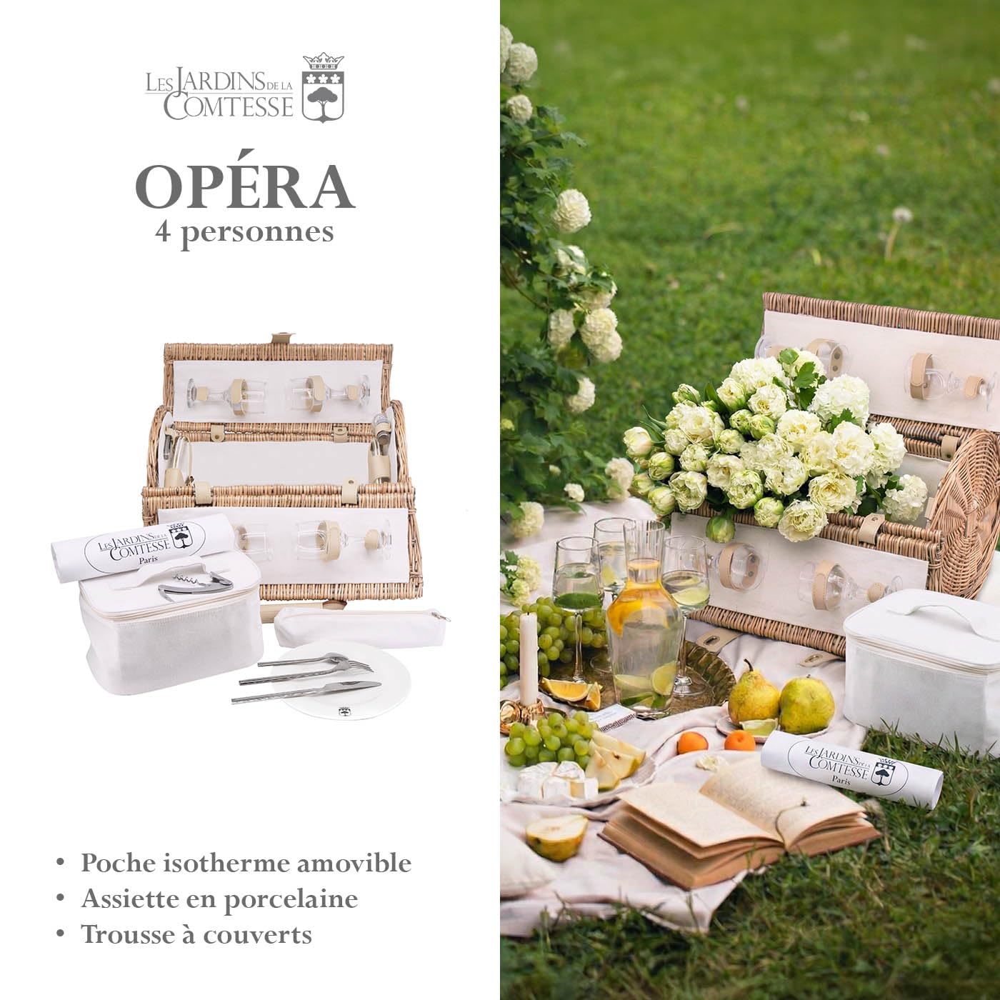 Les Jardins de la Comtesse - Panier Pique-Nique Rond Opéra - 4 Personnes - avec Vaisselle Complète et Glacière Isotherme Amovible - Osier Naturel Tressé à la Main – Tissu Beige - 47 x 30 x 30 cm
