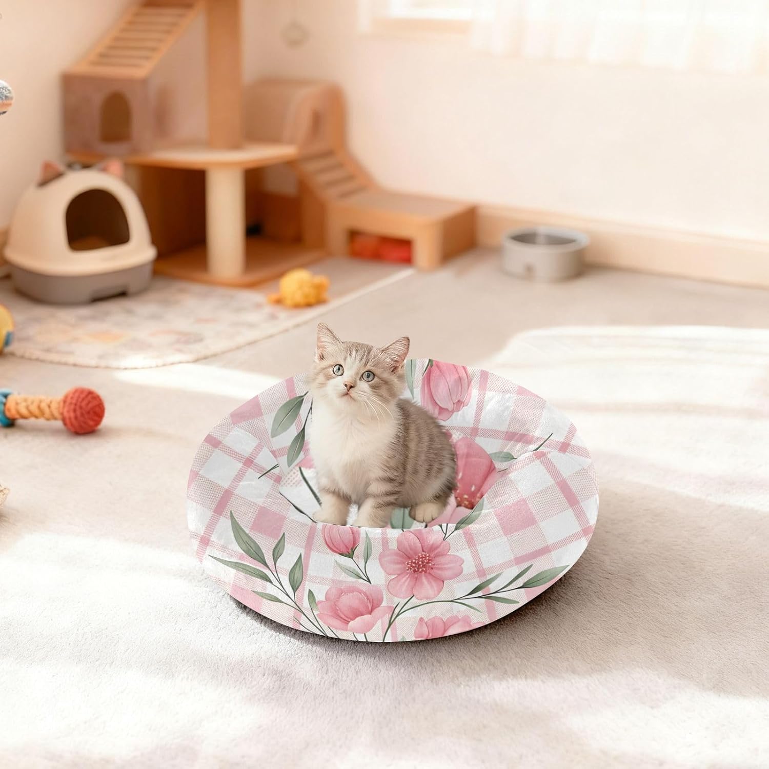 Dog Bed Ultra Soft Fluffy Comfortable Cat Bed, Elegant Floral Pink Checked Washable Dog Beds Anti-Slip Round Pet Beds for Medium Dogs