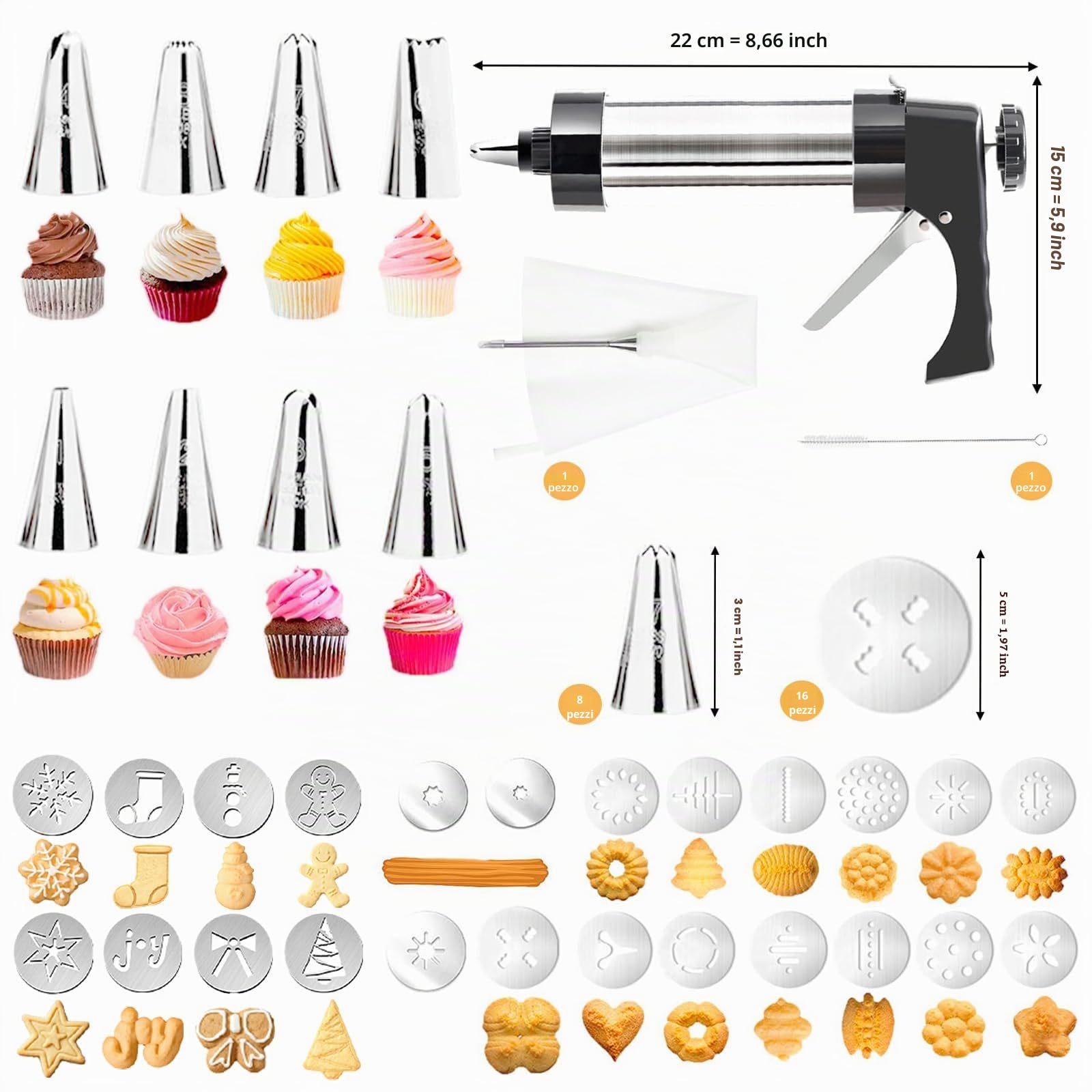 Pressa per Biscotti, Pistola per Dolci In Acciaio Inox Spara Biscotti Professionali con 16 Sagome, 8 Beccucci, Sacchetto in TPU e Spazzola per la Pulizia Pressa per Biscotti per Torte