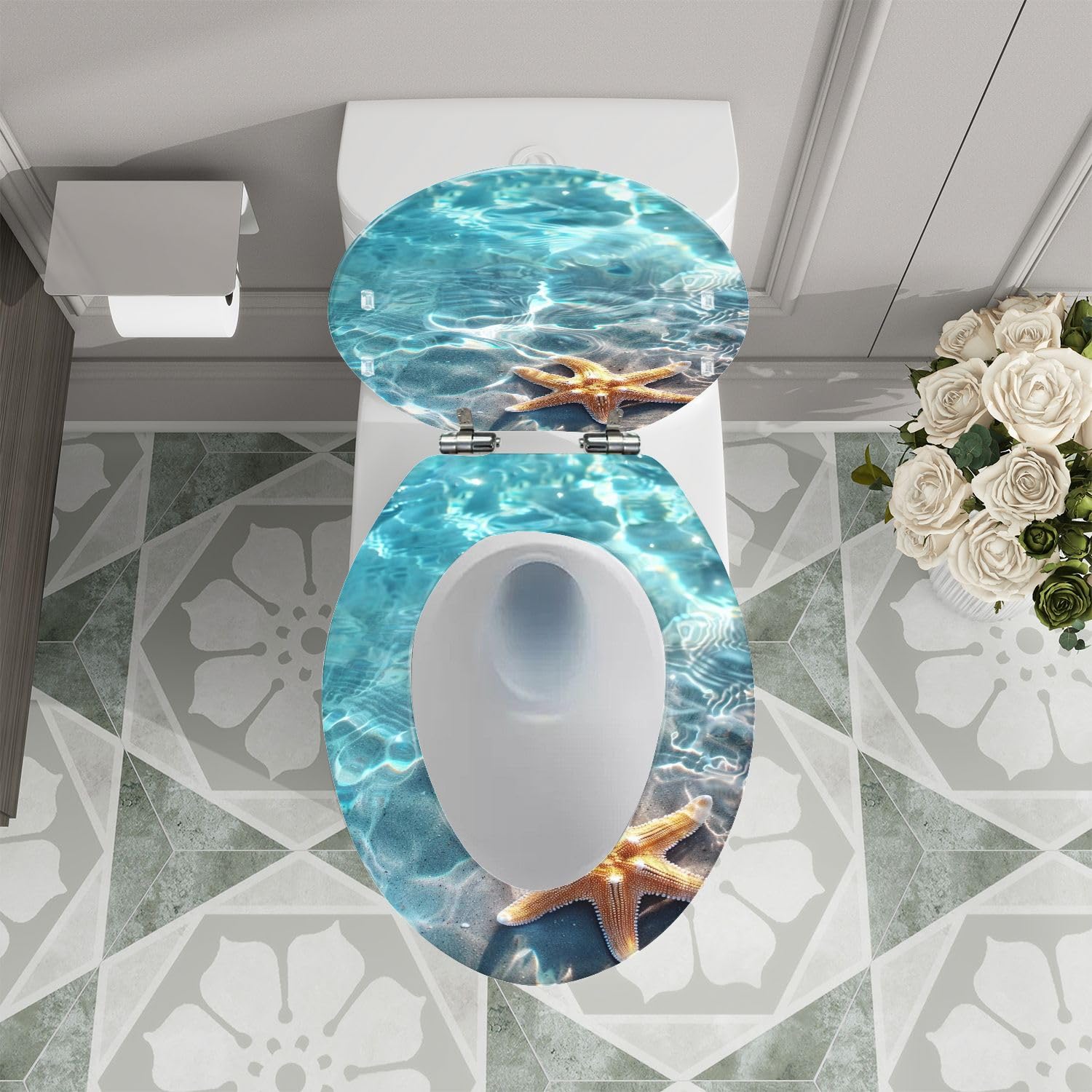 Elongated Resin Toilet Seat Starfish Seashell Summer Beach Quiet Close