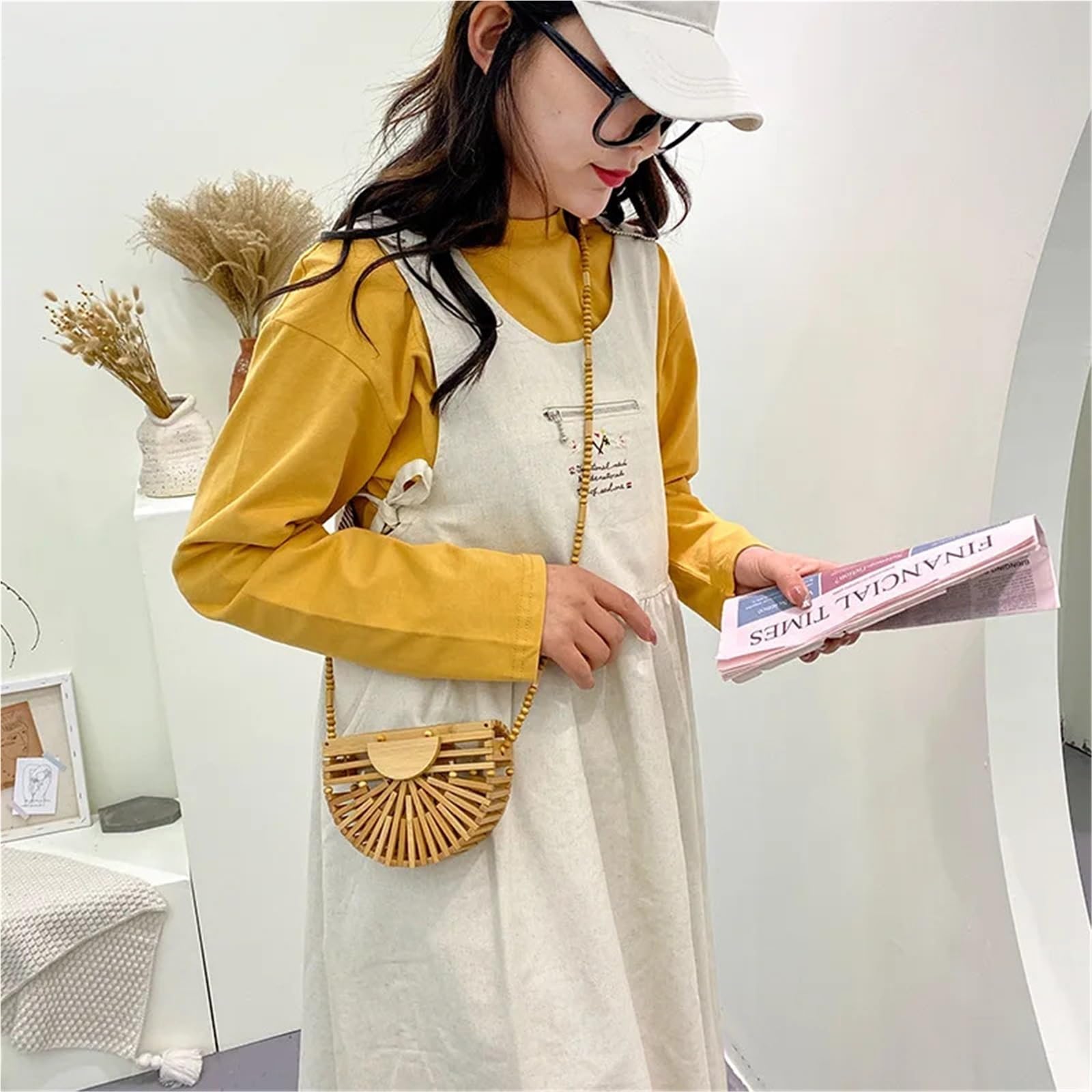 Bolsos de Paja Bolso bandolera de madera media luna for mujer, bolso paja tejido bambú for playa verano, pequeño ratán for teléfono, mini