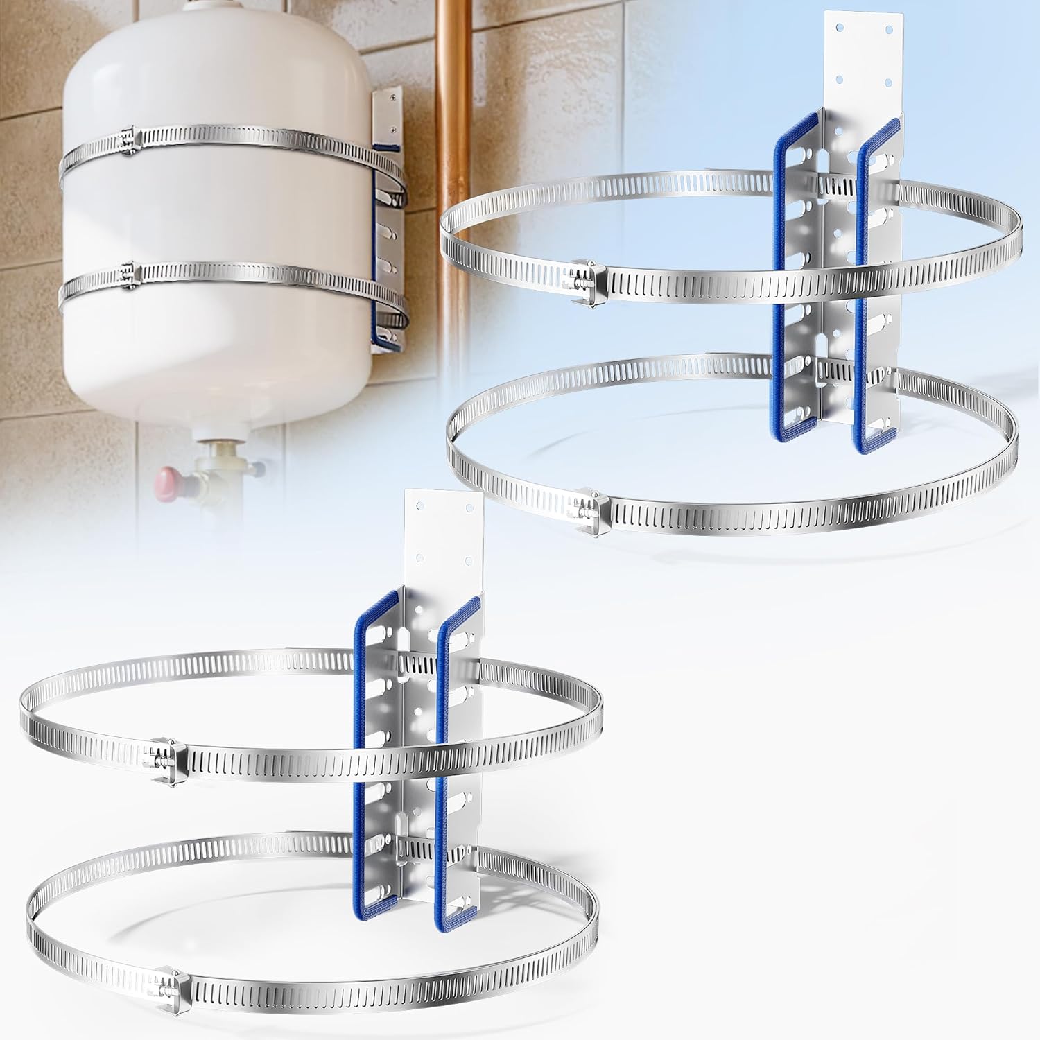 WooFog Quickstrap Expansion Tank Mounting Bracket, Thermal Expansion Tank Support, Water Tank Bracket Holds up to 5-Gallon Water Heater Tanks & 13-Inch Diameter Cylinders (2 Set)