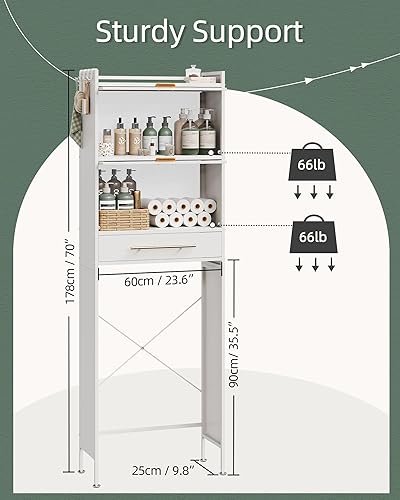 Miniatura 2 de NETEL Armario de almacenamiento sobre el inodoro de 23.6 pulgadas de ancho, estante sobre el inodoro con puertas abatibles y cajones, toalleros de