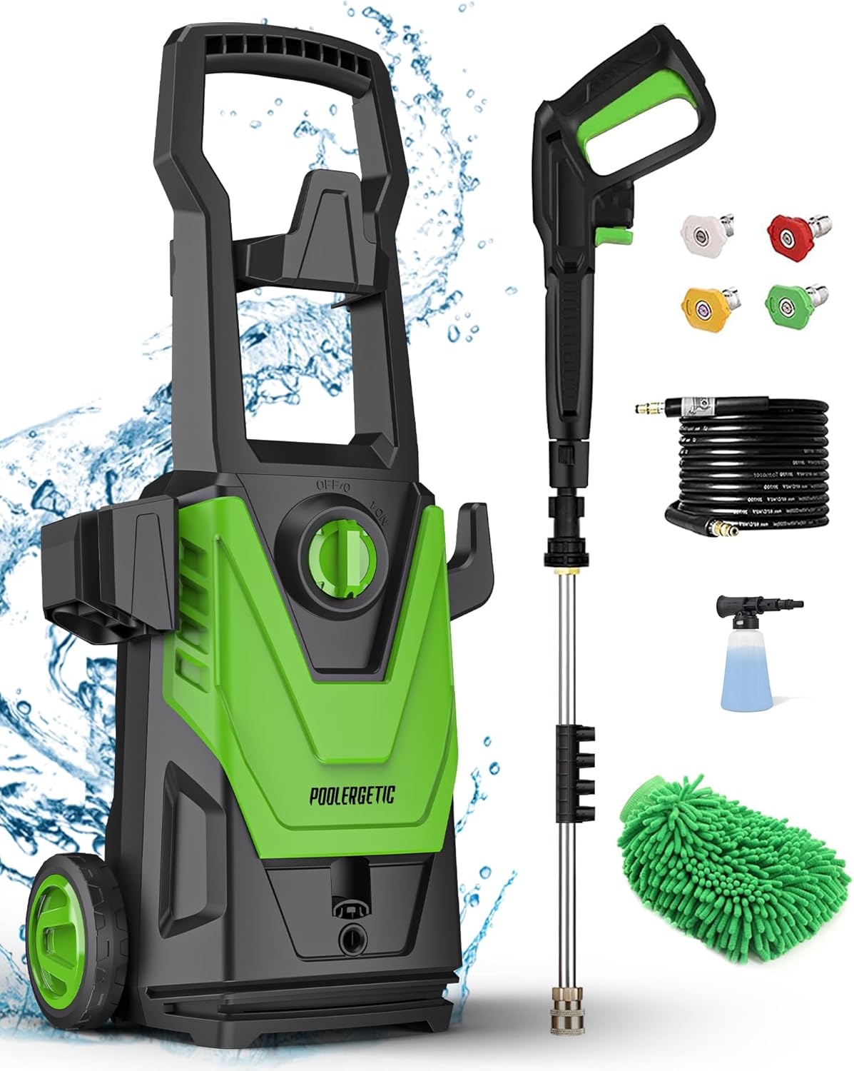 POOLERGETIC Electric High Pressure Washer 2000 PSI 2.4GPM Power Washers, 4 Quick Connect Nozzles and Foam Cannon with 20ft Hose Chenille Mitt Included, for Car, Garden, Driveway, Garden