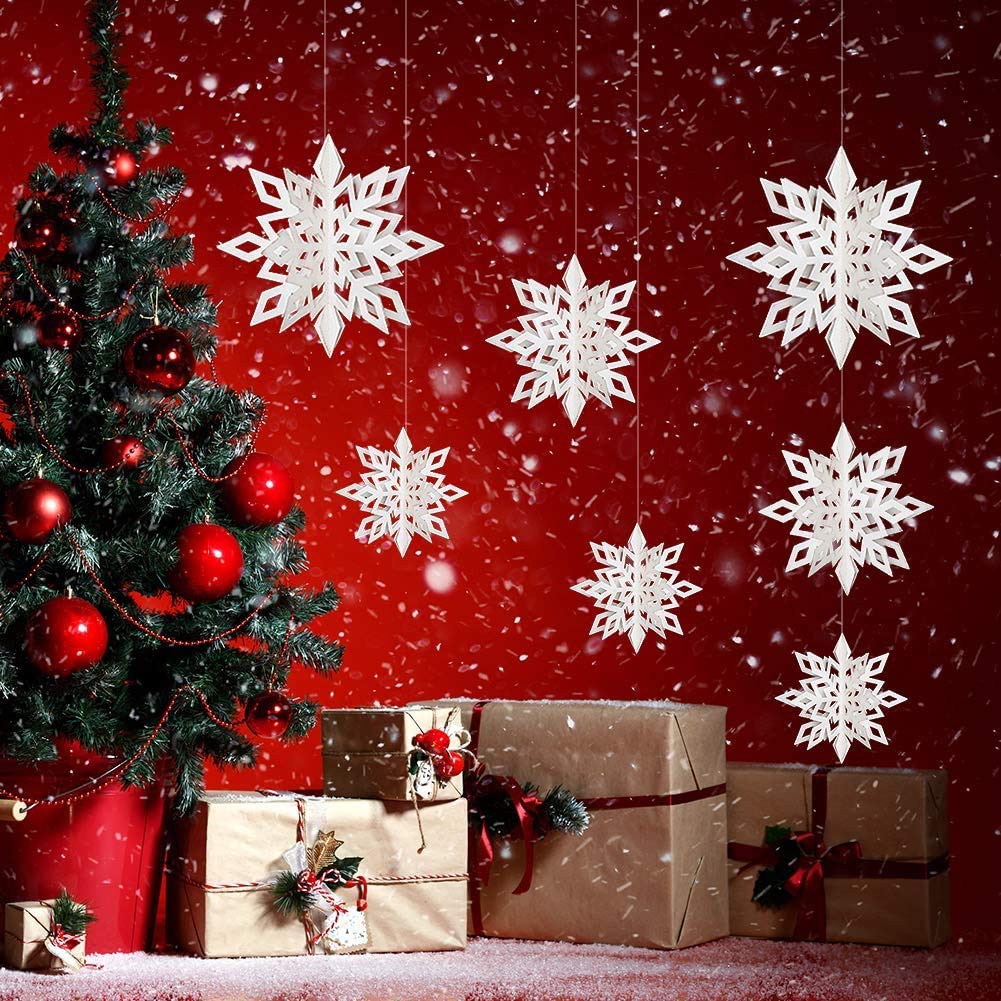 GORVELL 15pcs 3D Snowflake Hanging Decorations, Paper White Snowflake Christmas Tree Winter Holiday New Year Birthdays Party Wedding Celebration Home Market Hanging Decoration