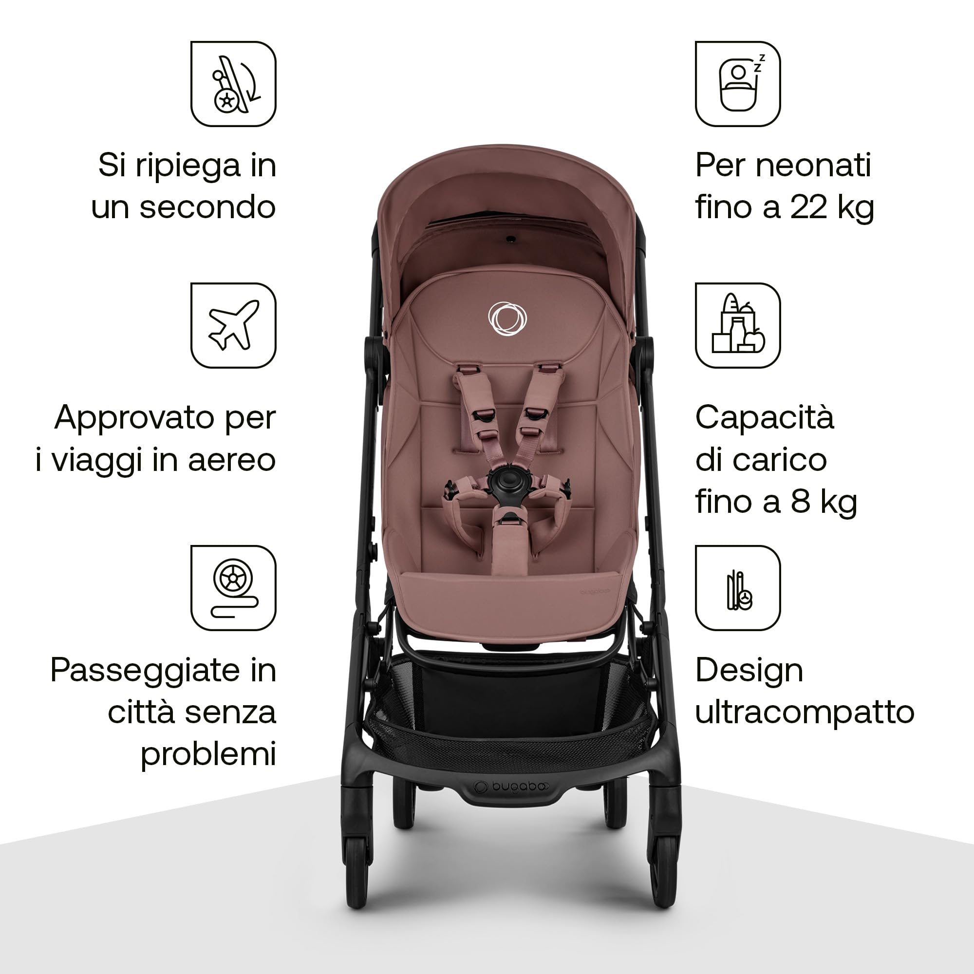 Bugaboo Butterfly 2 Passeggino da Viaggio – Sistemi Modulari con Maniglione e Parapioggia – Leggero, Piegabile con Una Mano, Seduta Reclinabile, Da 6 Mesi a 4 Anni – Dusty Pink