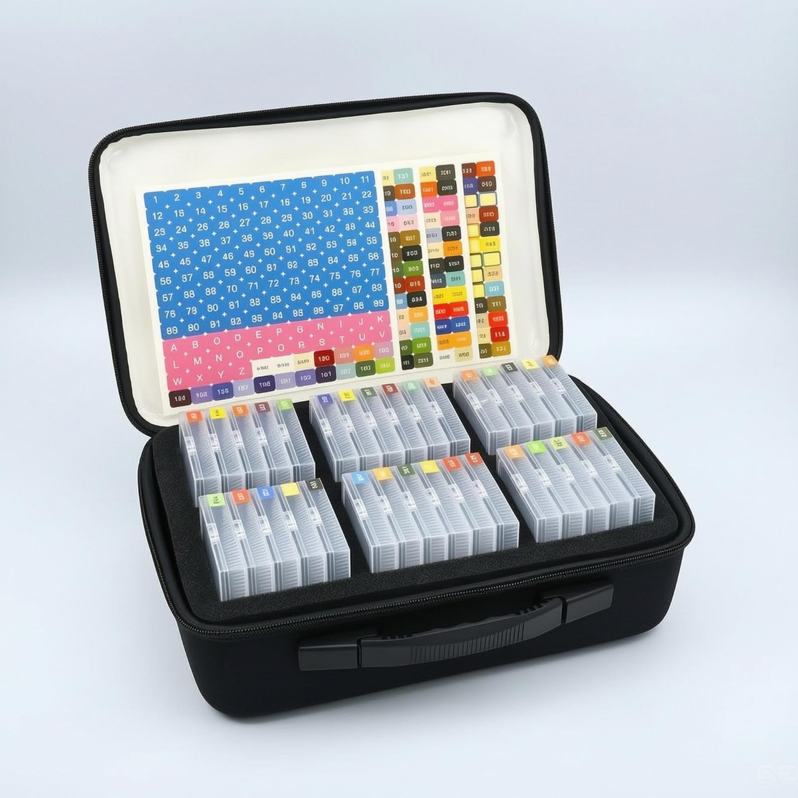 Bastelperlen Organizer Perlenbox Aufbewahrungsbox Sortierkasten Aufbewahrungskoffer mit 64 Kleinen Fächern Und Farbetiketten in Robuster Eva Tasche für Perlen Schmuckdesign Hobbyraum Messe