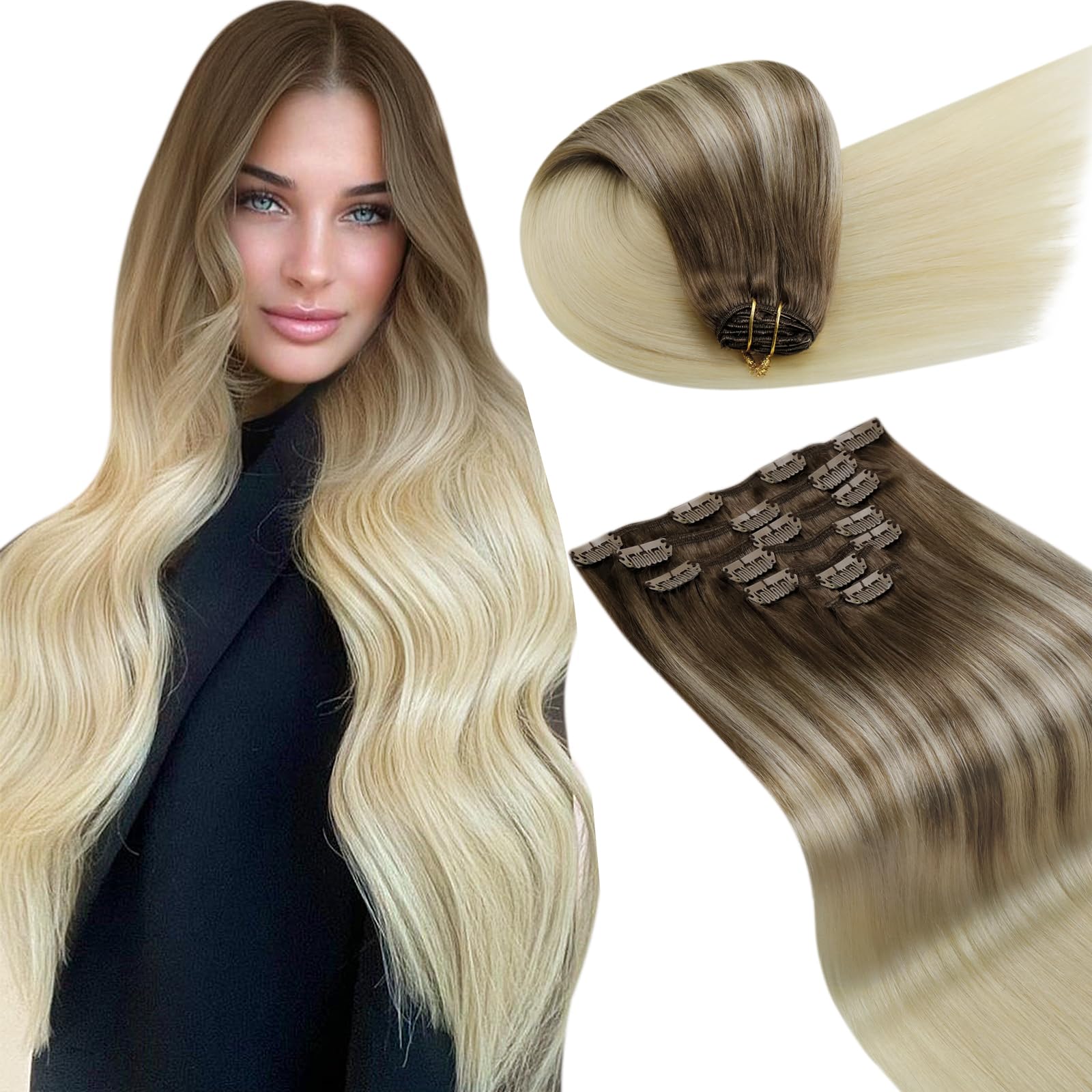 LaaVoo Clip in Hair Extensions Real Human Hair Blonde Hair Extensions Clip in 20 Inch 120g 7pcs Full Head Straight Balayage Brown & Light Blonde Remy Hair Double Weft #8/59