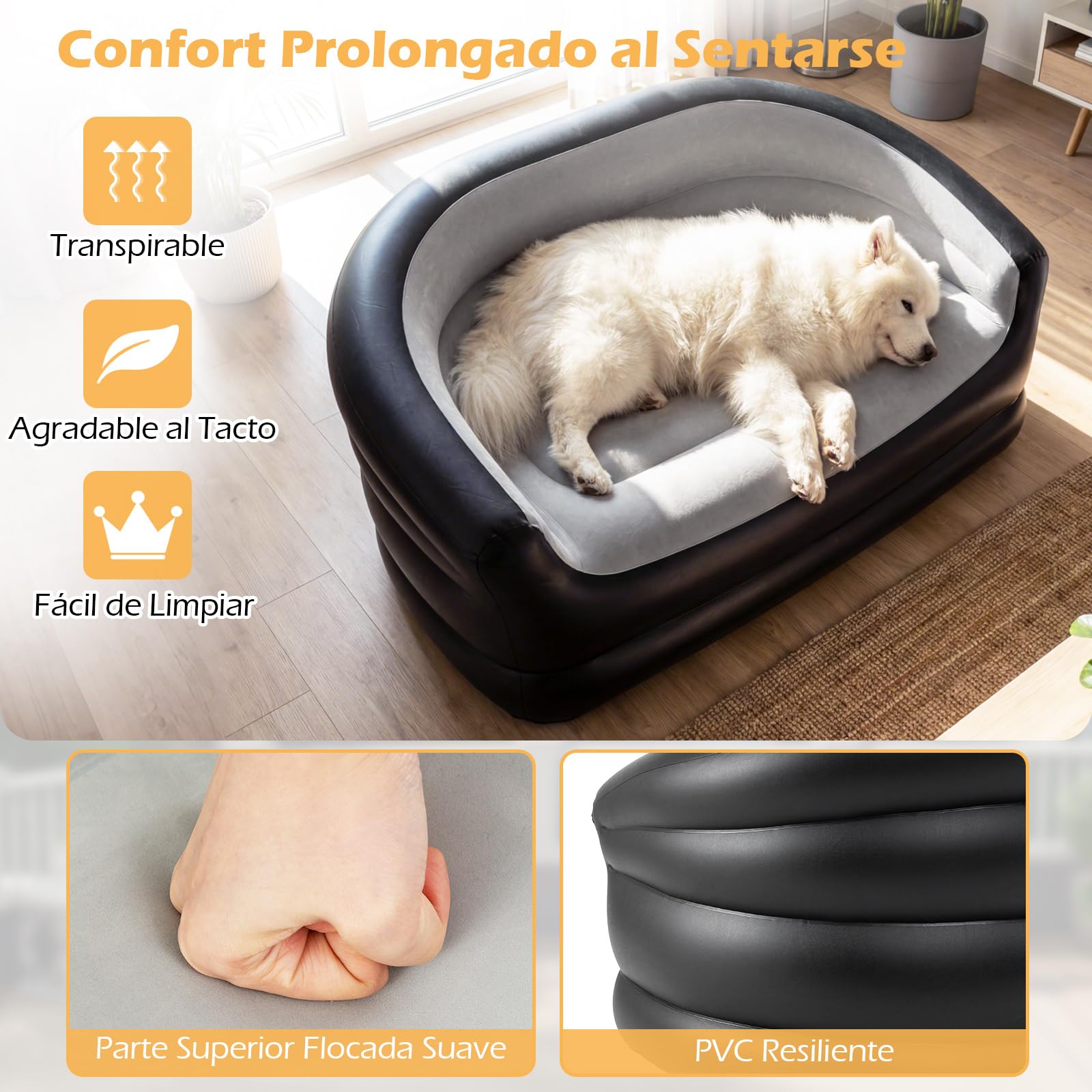 COSTWAY Sofá Inflable para 2 Personas, Sofá Hinchable Doble Portátil y Plegable con Superficie Flocada, Reposabrazos, Sillón Inflable para Exterior, Interior, Camping, Viajes, Sin Bomba