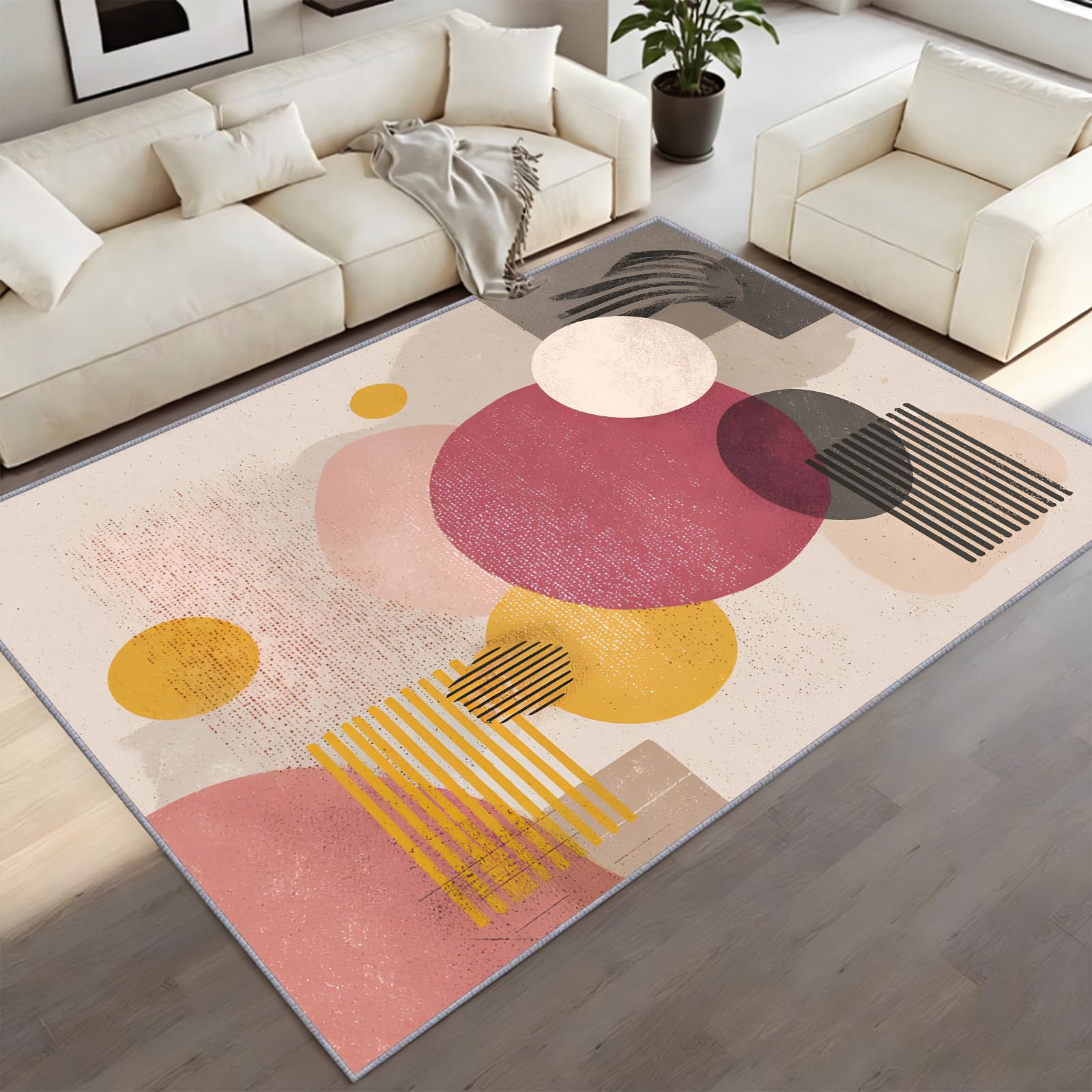 BEQUTIY Abstract Area Rugs, Modern Geometric Circle Pattern Carpet, Beige Pink Rug for Living Room, Low-Pile Soft Mat for Indoor Entrance Bedroom, Fireplaces, Office 160 x 200 cm