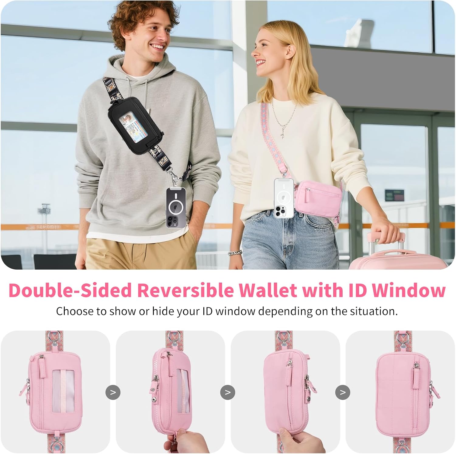 Tiostep Clip and Go Strap for Phone with Wallet Crossbody Phone Lanyard with Anti-Theft Zipper Pouch Detachable Quilted Wrist Wallet with RFID and ID Window for Daily Travel. Pink Large image 5