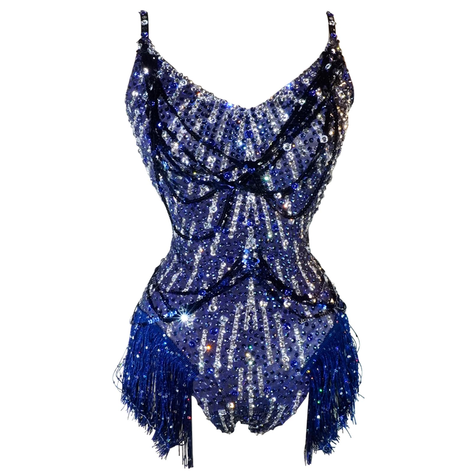 Photo 1 of Youmeisha Sexy Blue Rhinestone Fringe Slip Bodysuit Women Birthday Party Stage Singer Performance Outfits Team Dance Costumes (Royal blue)