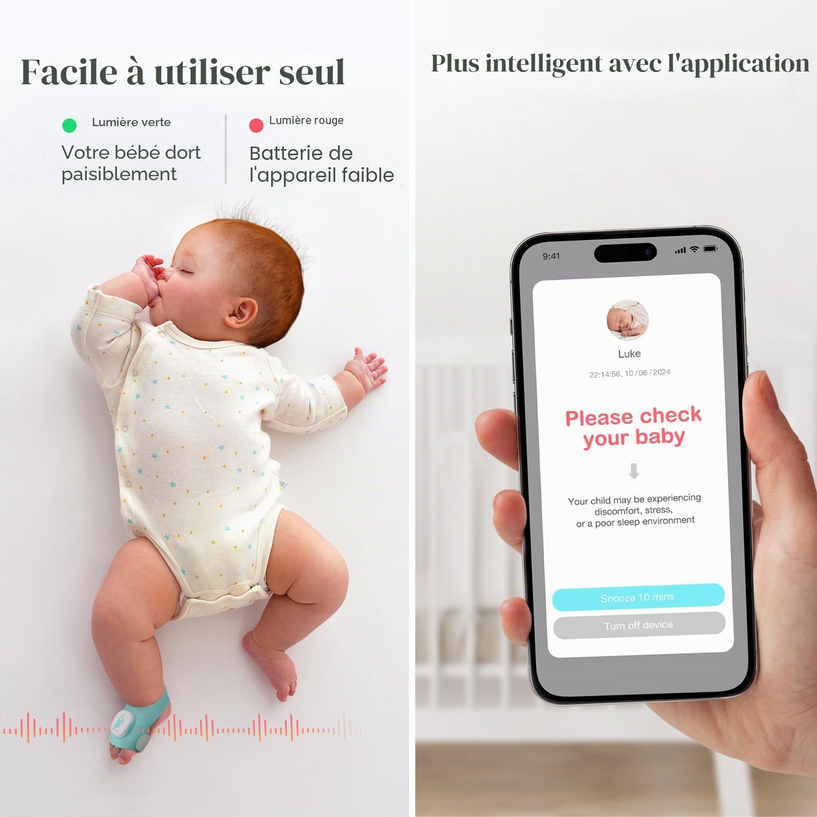 Sense-U Smart Sock Shoe Moniteur de bébé – Suivi de la fréquence cardiaque, des mouvements et du sommeil de bébé, moniteur de pied pour la tranquillité d'esprit