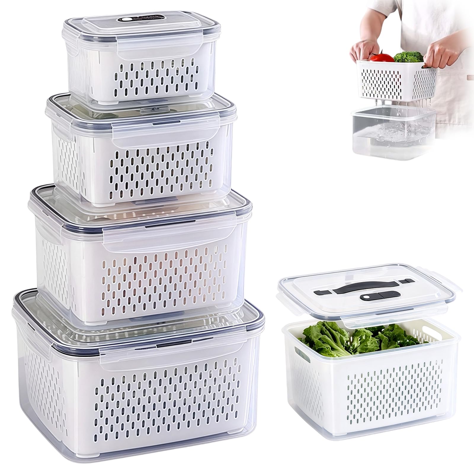 Juego de 5 recipientes herméticos para frutas y verduras, cajas de almacenamiento con tapa y colador, recipientes herméticos a prueba de fugas para guardar frutas