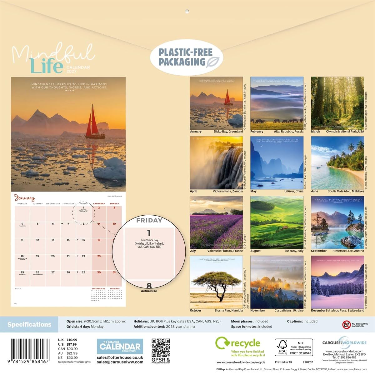 Carousel Worldwide Mindful Life 2027 kwadratowy kalendarz ścienny, 12-miesięczny kalendarz, inspirujące cytaty i design