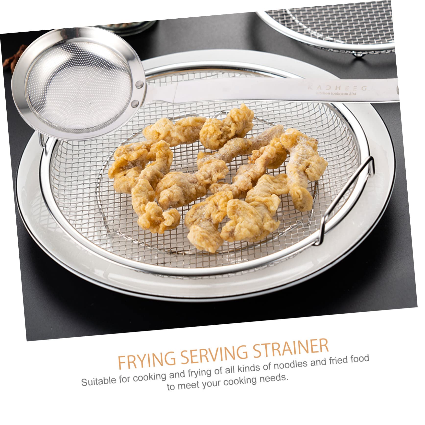 Cabilock Stainless Steel Mesh Strainer Food Strainer for Kitchen Use Colander with Hanging Handle Easy to Clean and Store for Filtering Oil and Impurities