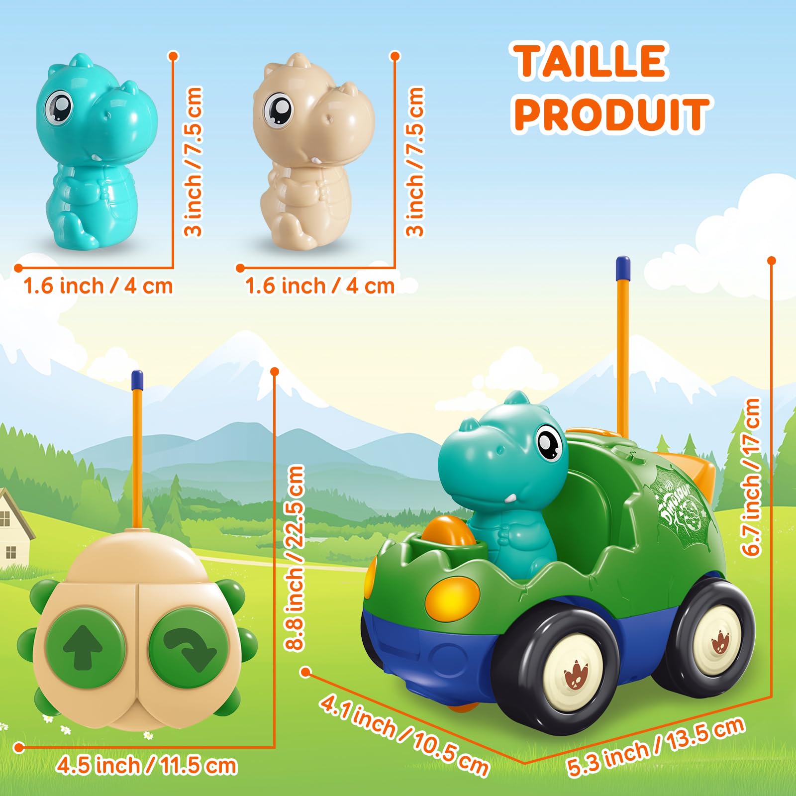 Pup Go Voiture de Dinosaure RC Cartoon pour Tout-Petits avec Musique, Lumières et 2 Poupées, Première Voiture Télécommandée pour Garçons et Filles, 18 Mois+, Cadeau Parfait pour Anniversaire ou Noël