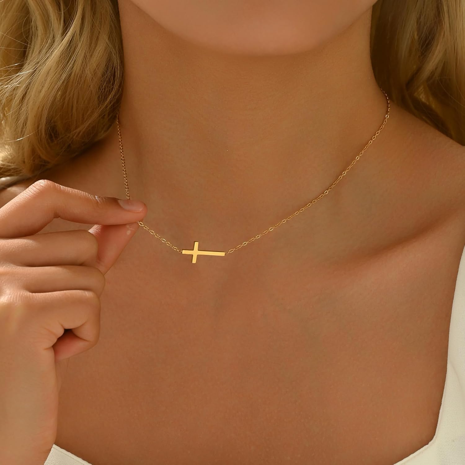 Cross Necklace for Women 18K Gold Plated Cross Pendant Necklace Dainty Sidways Cross Choker Necklaces Simple Small Cross Pearl Chain Trendy Faith Jewelry Gift - Image 4