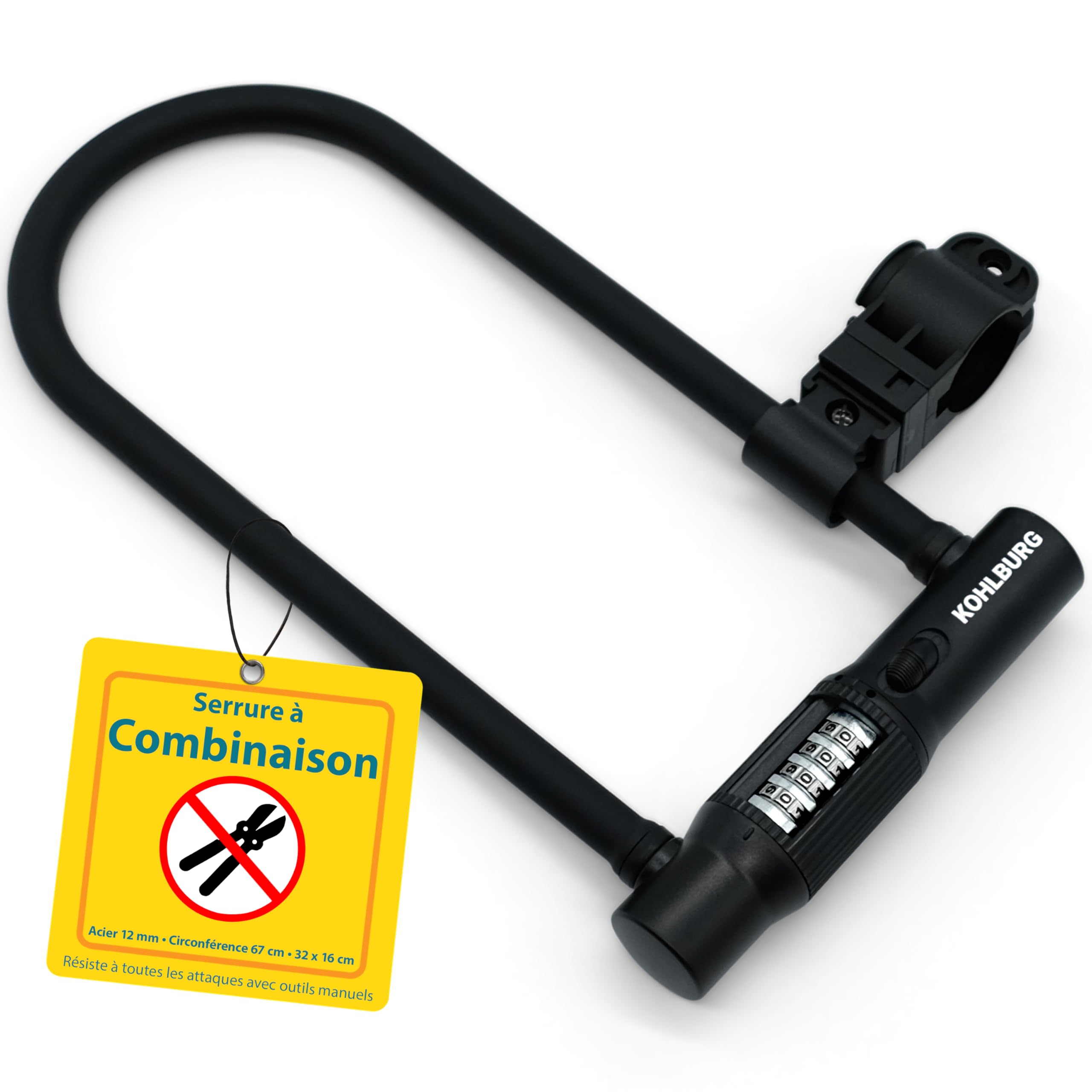 KOHLBURG Antivol en U, avec serrure à combinaison pour vélo, avec support | Antivol en U avec code, Serrure à combinaison vélo - haute sécurité pour vélo électrique - noyau en acier de 12 mm