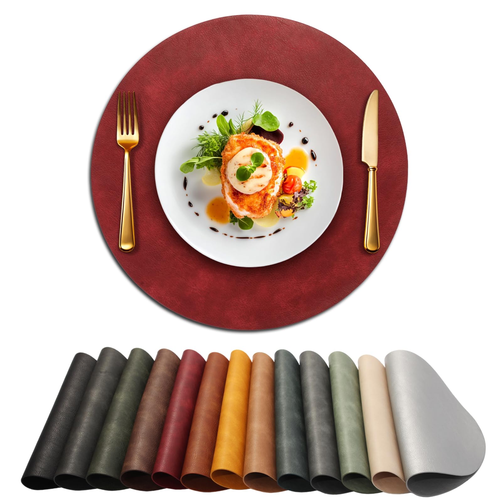 UnivoColors Placemats Round Faux Leather Placemats Set of 8-Waterproof-Wipe Clean-Heat Resistant-Anti Slip Dining Table Place Mats,Suitable for Indoor &amp; Outdoor Use,15".Retro Red
