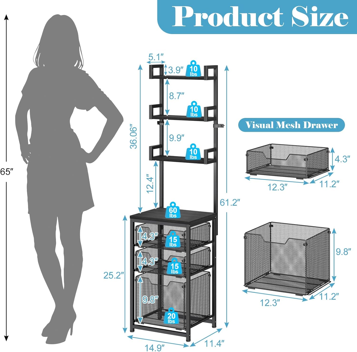 3-Drawer File Cabinet with 3 Shelves, 61" Tall Vertical Filing Cabinet for Home Office, Metal Mesh Drawers with Small Printer Stand, Fit for Letter Files, Black