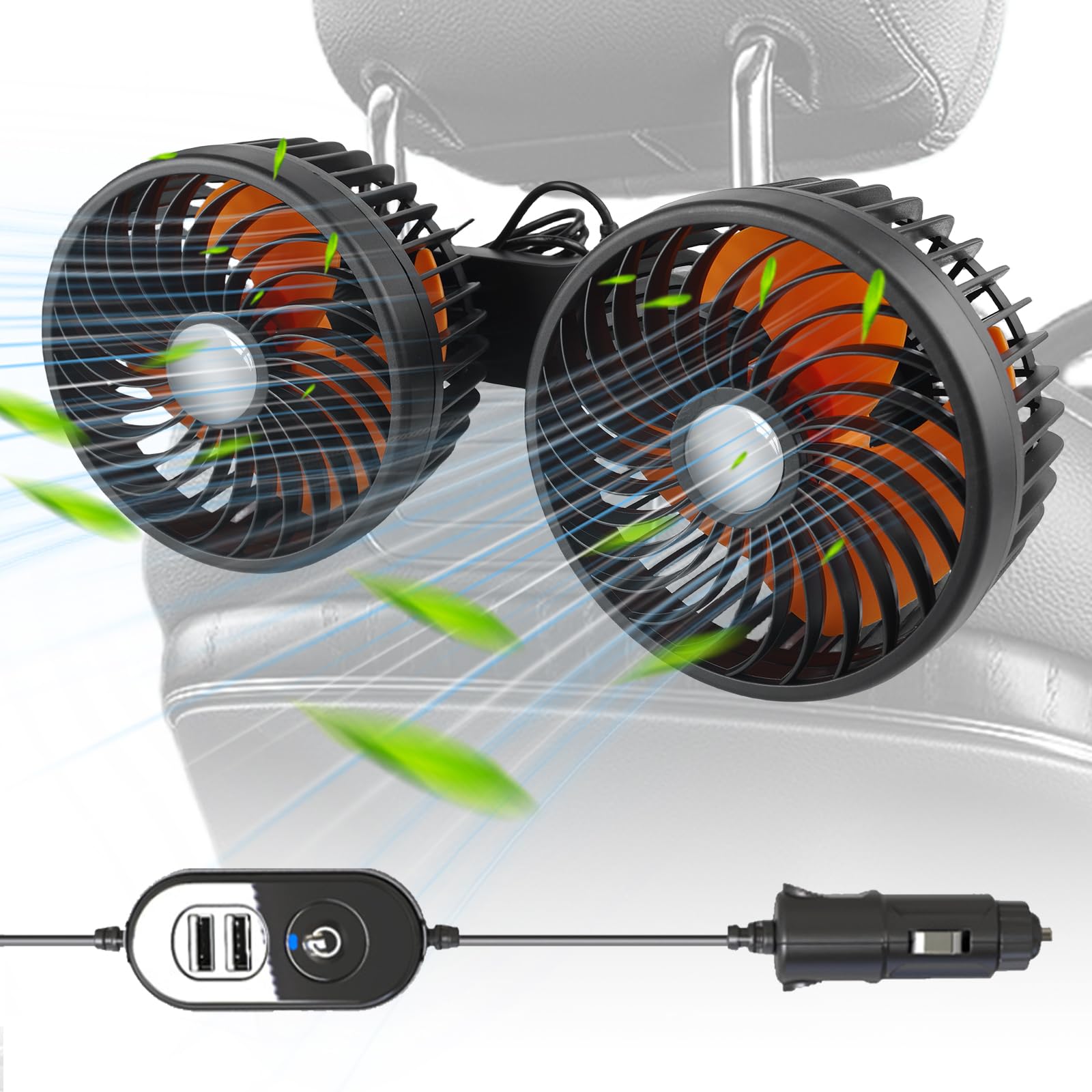 Ventilatore per auto, 12 V, per sedile posteriore, girevole a 360 gradi, ventola per auto a doppia testa, ventilatore per auto, mini ventilatore, portatile girevole a 360°, per veicoli come berlina,