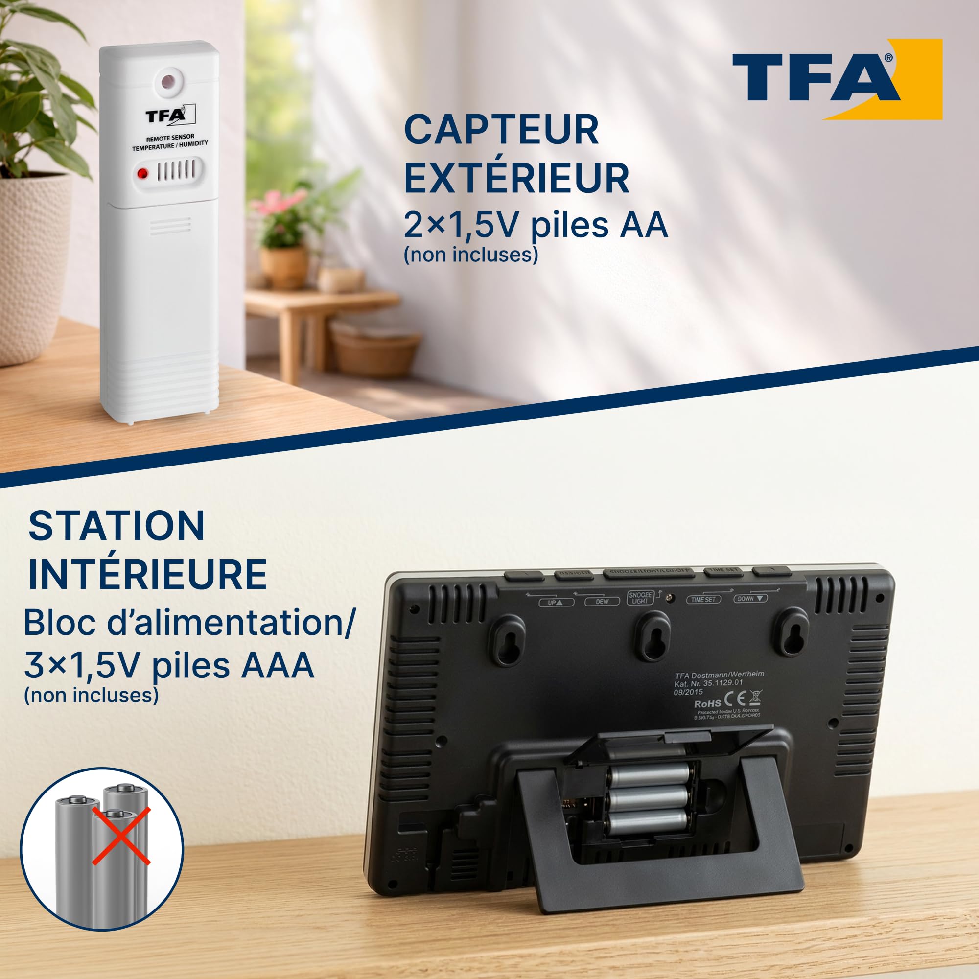 TFA Dostmann Station météo numérique sans fil Spring, 35.1129, avec capteur extérieur, prévisions météo animées, thermomètre et hygromètre, écran couleur, 2 niveaux de luminosité, noir