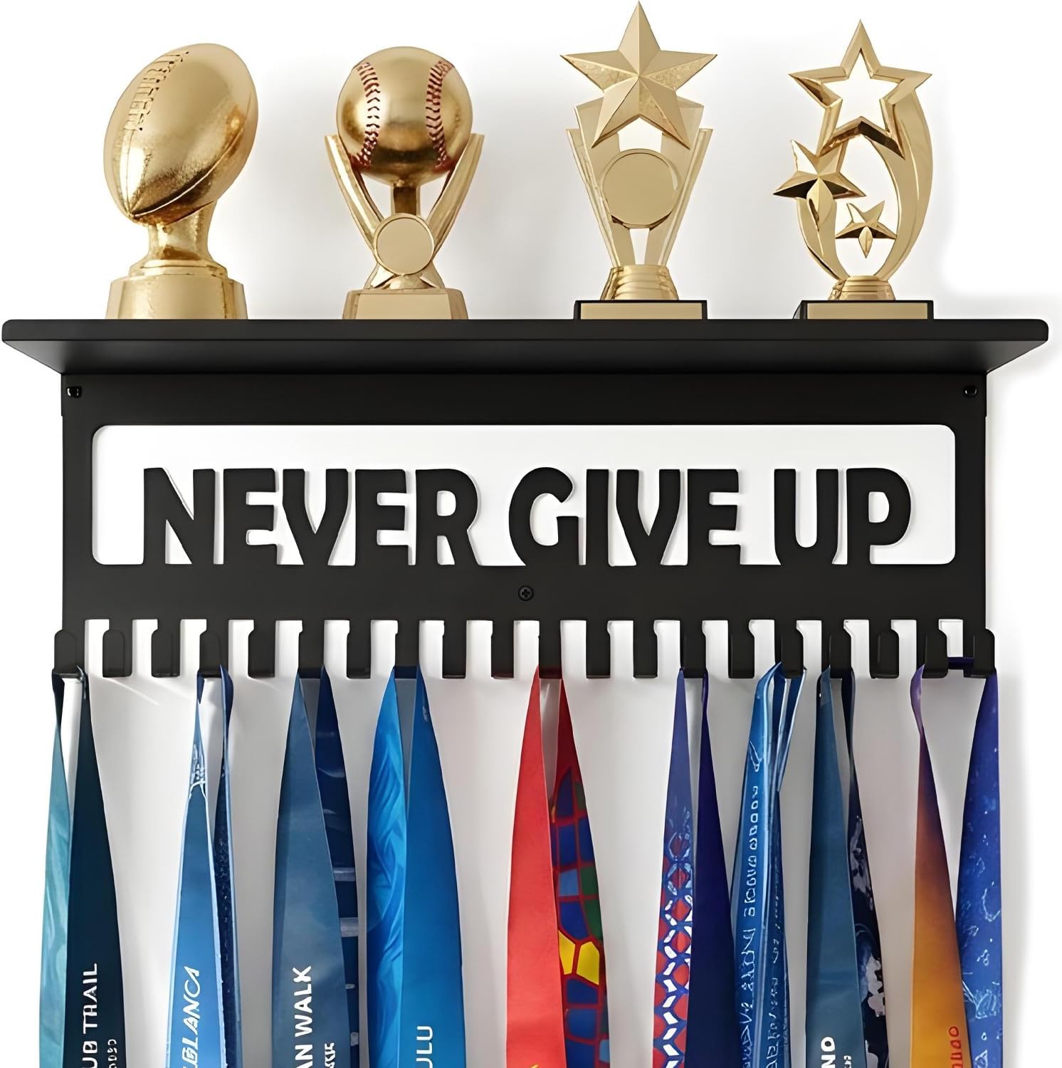 Medal Hanger Display with Trophy Shelf, Holds 64 Sports Medals | 15.8" Medal Holder, Trophy & Photo Shelf, Durable Metal Design, Easy Wall Mount, Perfect Gift for Athletes