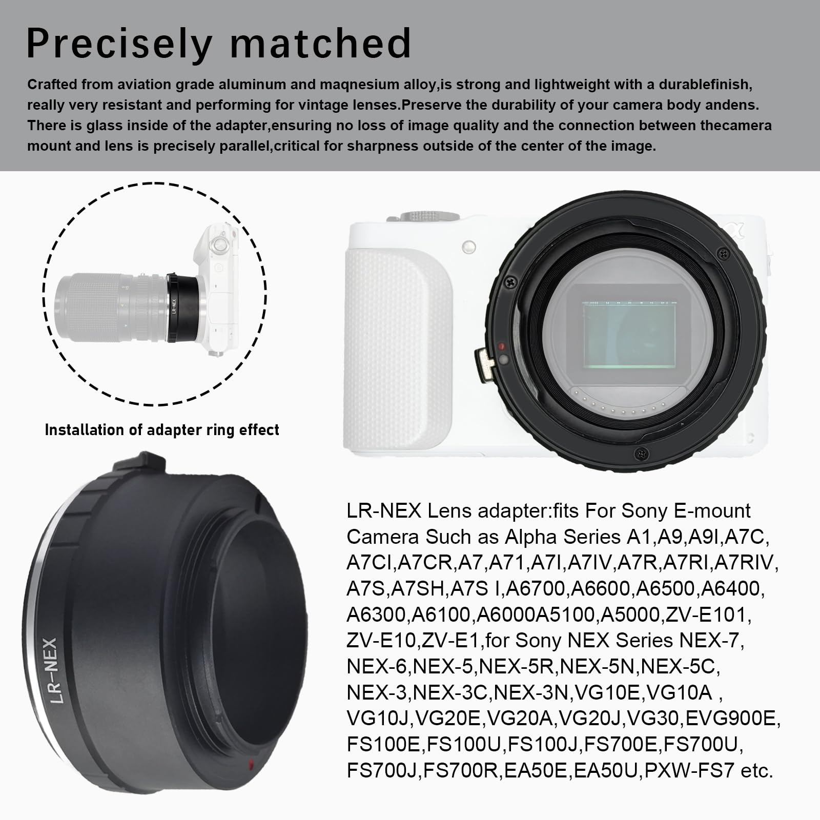 LR-NEX - Adattatore per obiettivo Leica L/R, compatibile con fotocamera E-mount, NEX-3, NEX-C3, NEX-F3, NEX-3N, NEX-5, NEX-5N, a3000, a7, a7S, a7R, a7II, a7RII; LR to NEX Lens Adapter