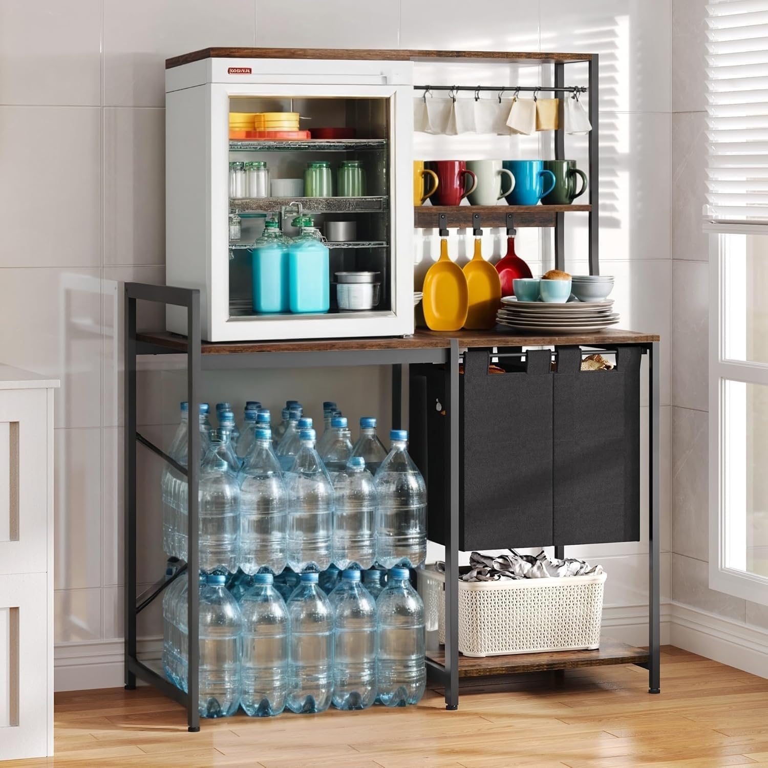 YITAHOME Kitchen Bakers Rack with Storage Shelves, Coffee Bar Table with 4 Tiers ＆ 5 Hooks, 45.3" Large Freestanding Kitchen Shelves, Mini Fridge Cabinet with Storage for Dining Room, Retro Brown