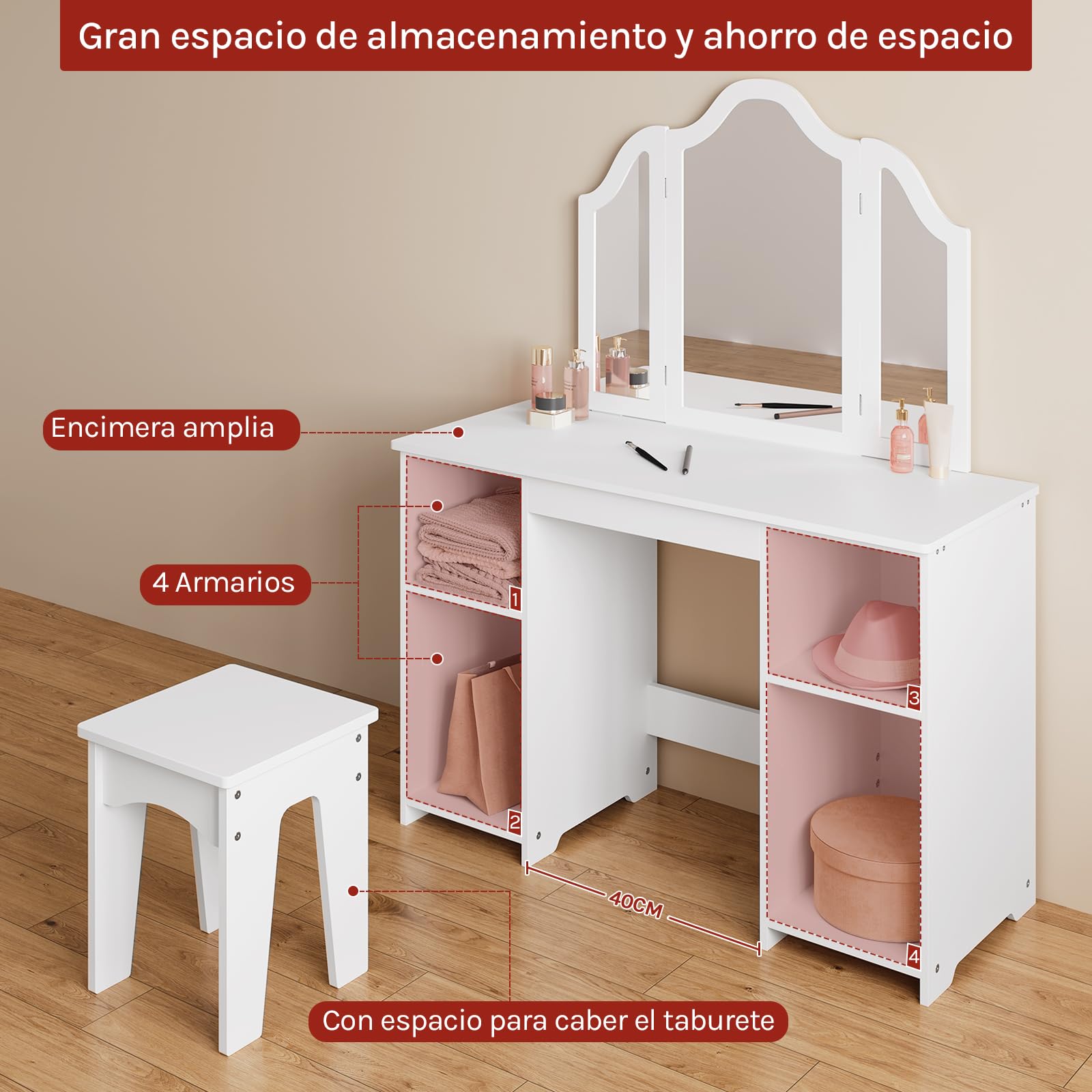 WOLTU Mesa Tocador Infantil con Taburete y Espejo Plegable, Conjunto de Tocador Maquillaje de 3 Piezas, con 4 Compartimentos, Estante Ajustable, Blanco, MDF, MB6120ws