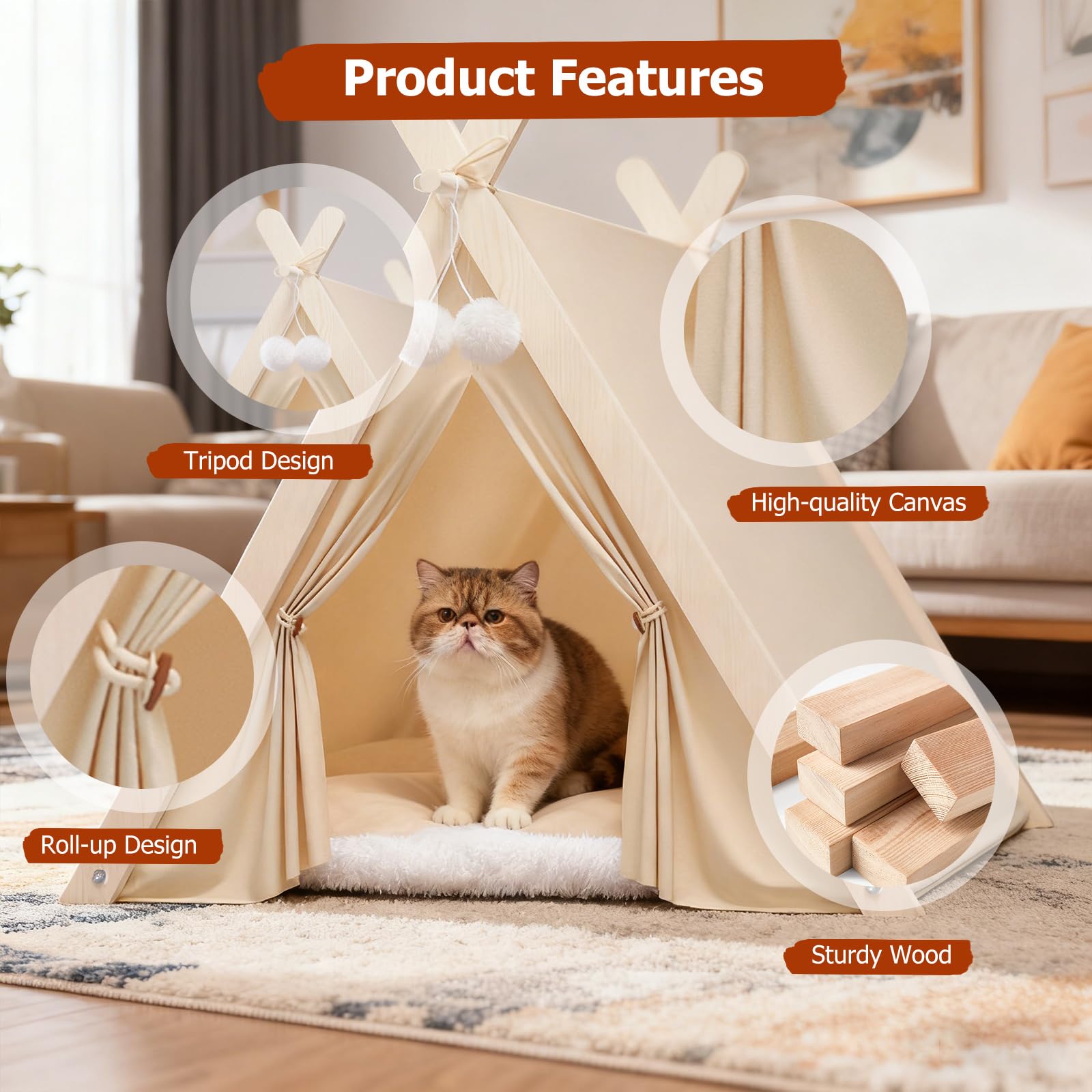 PETCUTE Haustier-Tipi Zelt für Katzen, Kätzchen und kleine Hunde, faltbares Hundezelt mit dreieckigem Holzrahmen und abnehmbarem, waschbarem Kissen, gemütlicher Katzenzelt für Indoor Outdoor,Beige