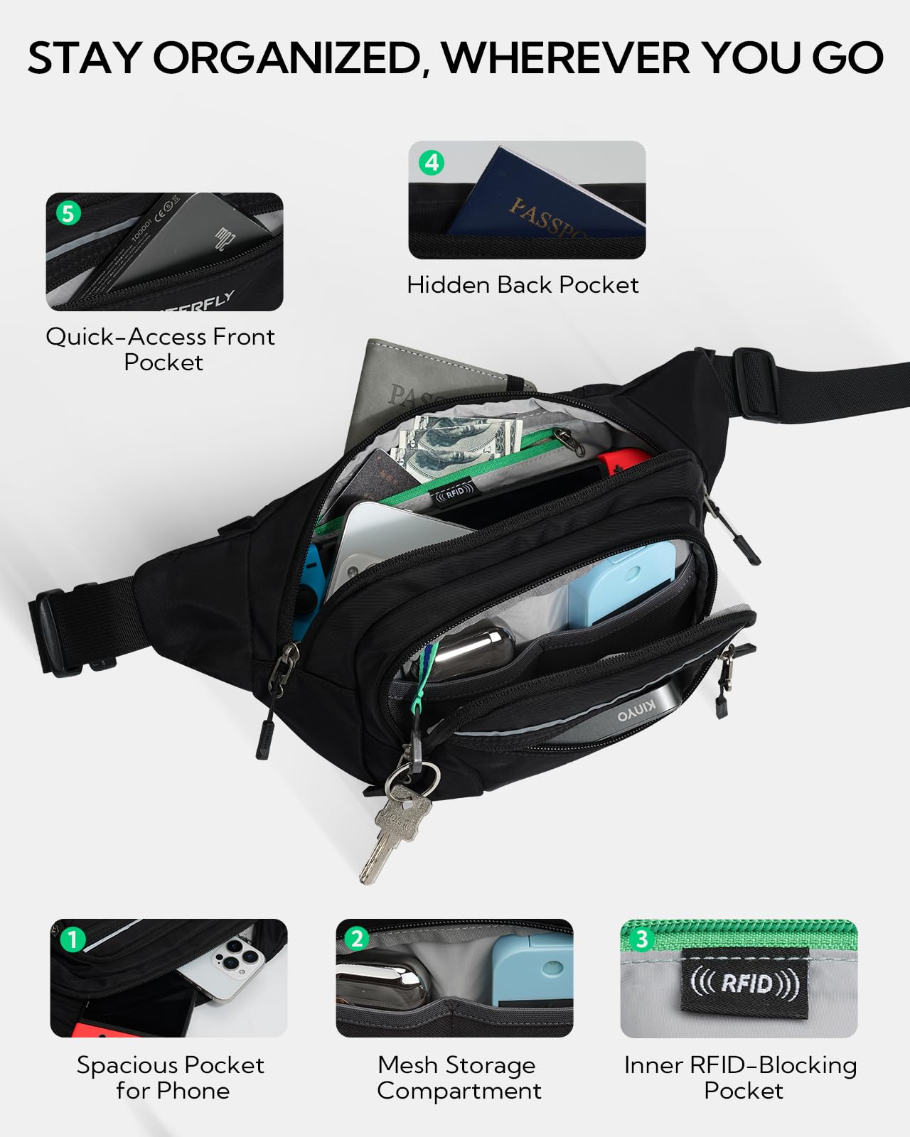WATERFLY Bauchtasche Gürteltasche Herren Damen: Große Hüfttasche mit RFID Schutz Waist Fanny Pack mit Verlängerungsgurt Stylische Sport Bum Hip Bag für Reise Wandern Outdoor Schwarz