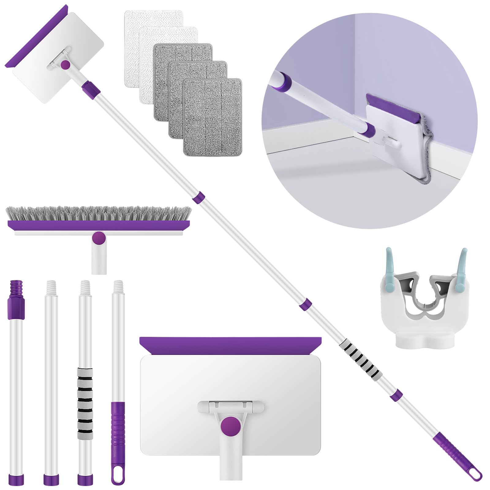 Outil De Nettoyage 4-en-1 Pour Plinthes Et Surfaces - Avec Brosse Dure, Râteau à Tapis Et Tampons Réutilisables - Manche Télescopique