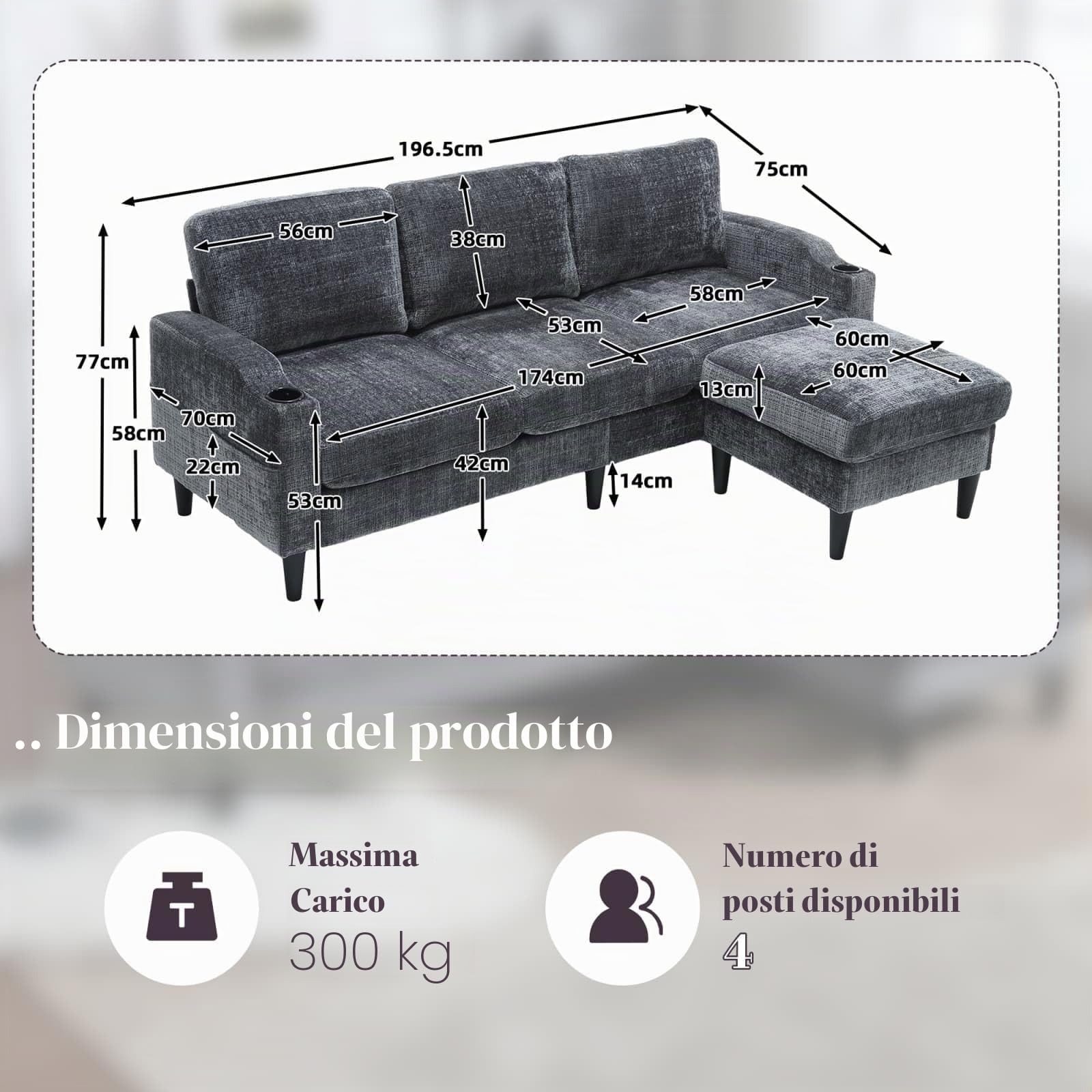 Divano componibile moderno a 4 posti, divano ad angolo in ciniglia, con uno sgabello portaoggetti rimovibile, 2 portabicchieri e tasca portaoggetti laterali (grigio)